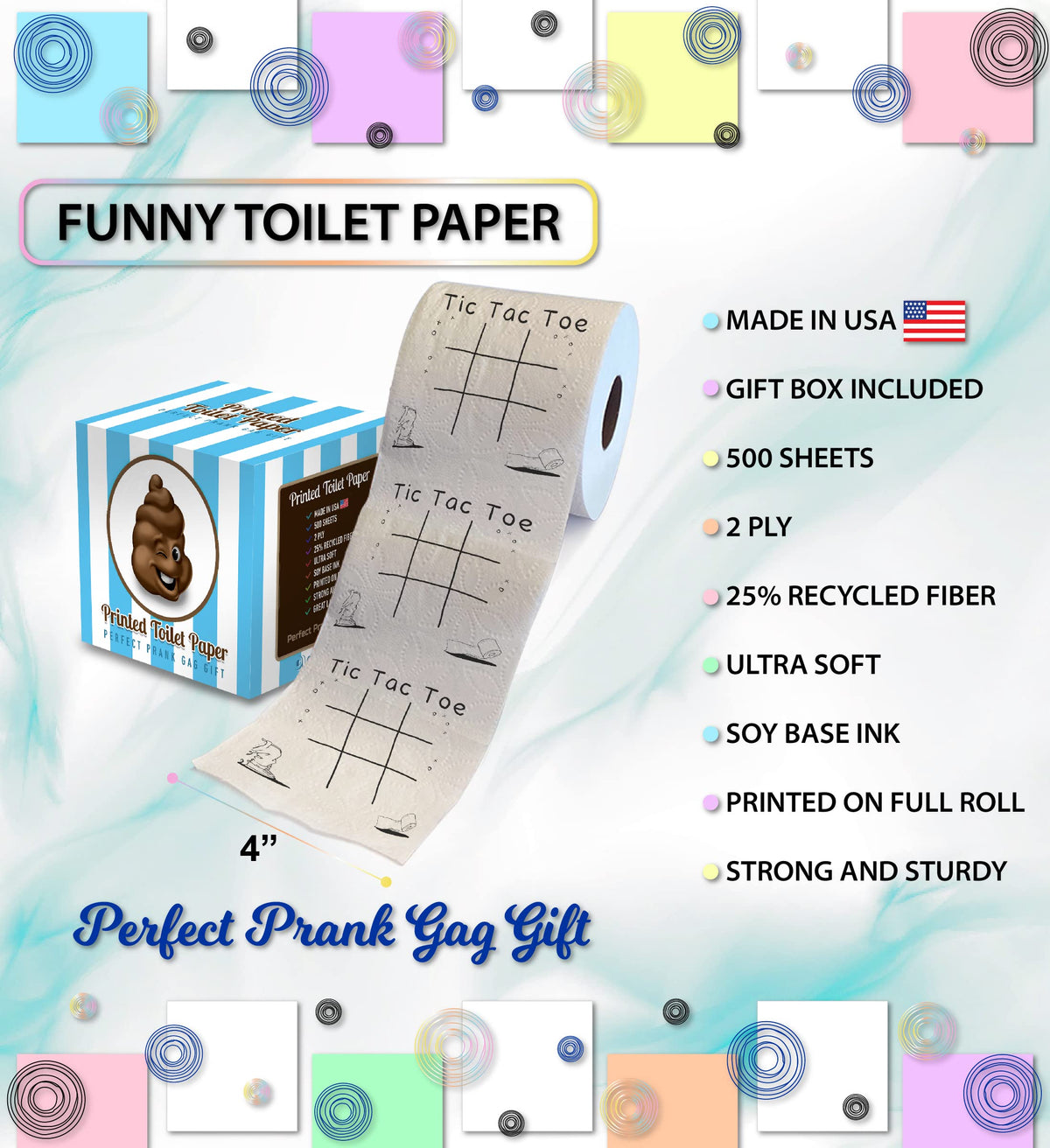 Papel Higiénico Impreso Tic Tac Toe - Divertido Regalo Novedoso para Broma y Decoración de Baño