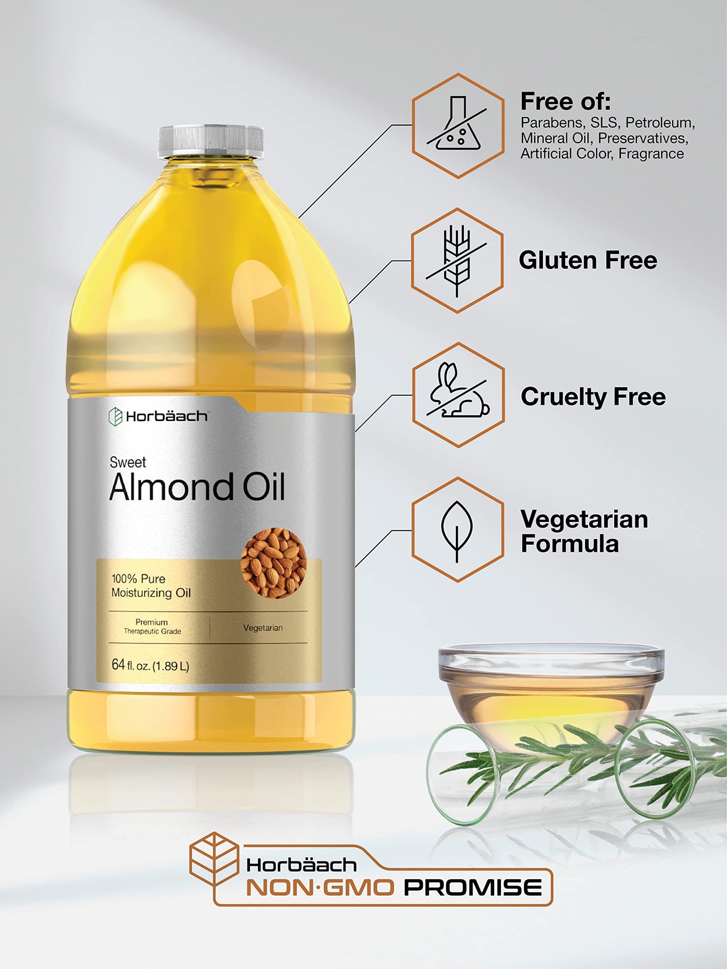 Horbaach Sweet Almond Oil 64 fl oz 100% Pure €" for Hair, Face & Skin €" Expeller Pressed €" Vegetarian, Non-GMO