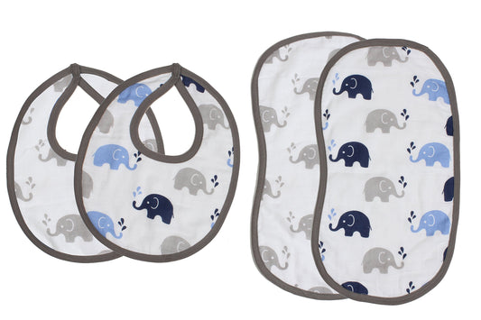 Bacati Elephants - Juego de baberos (muselina, 4 unidades), color azul y gris