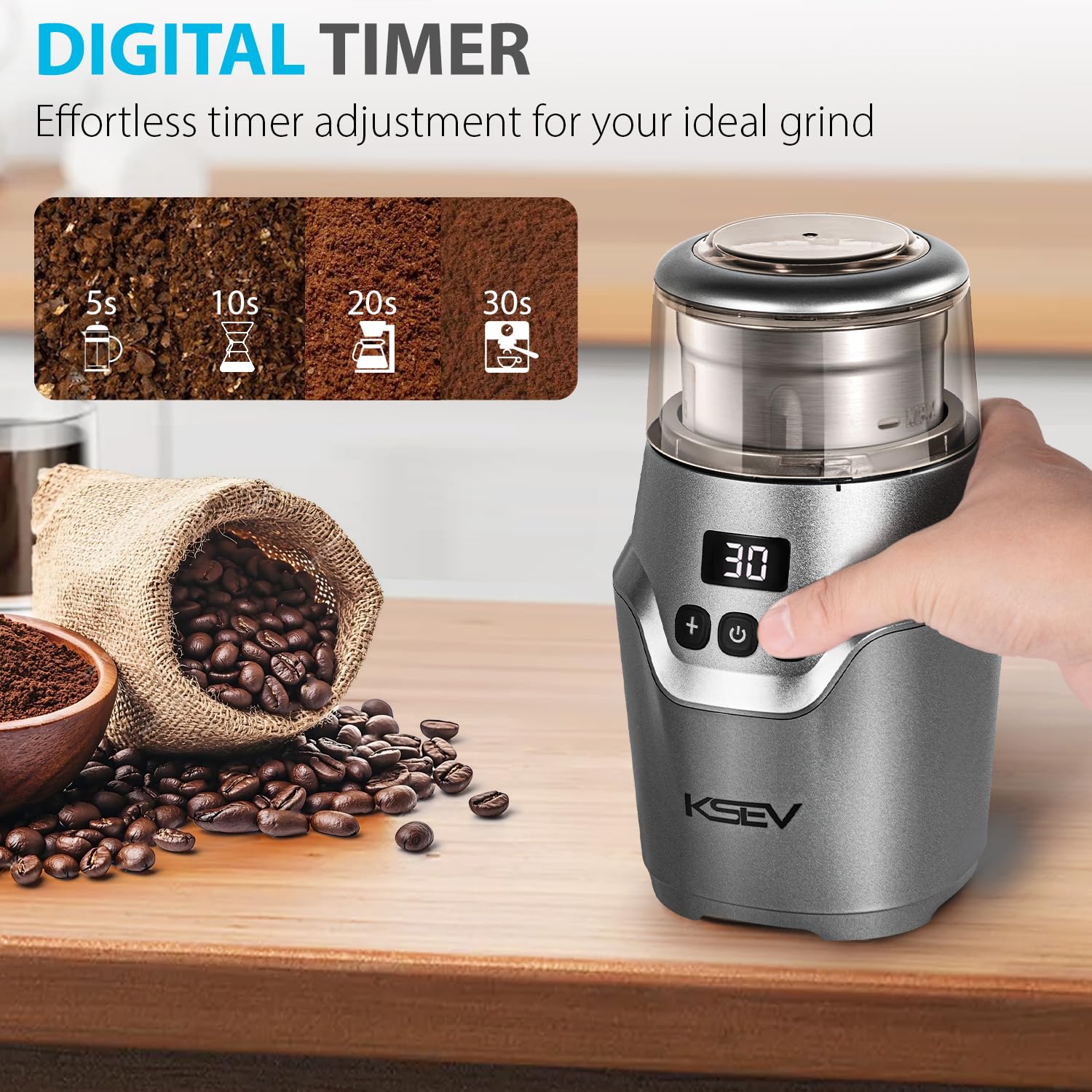 KSEV - Molinillo de café eléctrico con temporizador de visualización digital, molinillo de hierbas de 150 W, gran capacidad de hasta 12 tazas, silencioso, función de bloqueo de seguridad, taza