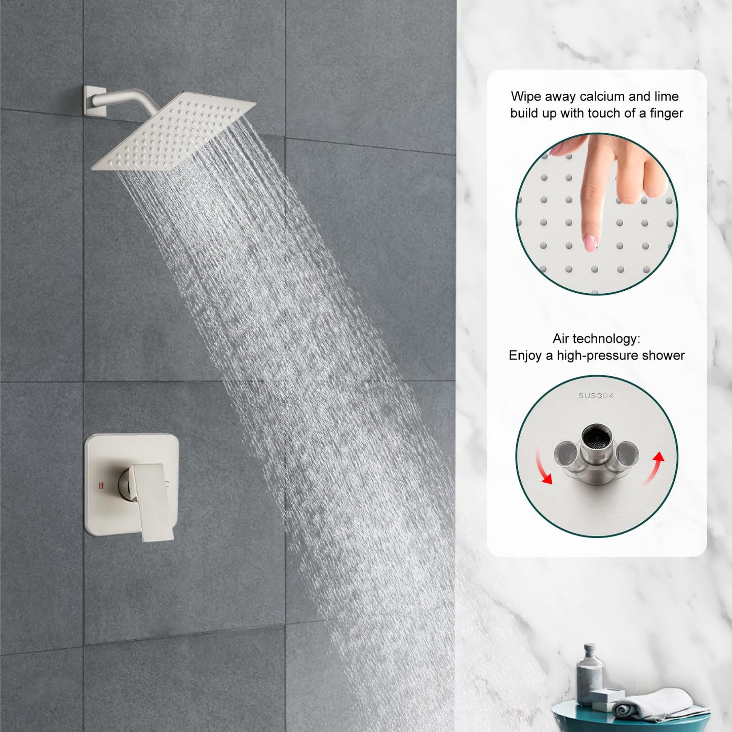 Heyalan Juego de cabezal de ducha y asa, juego de llave de ducha cuadrado para baño, sistema de ducha de lluvia de acero inoxidable, kit de molduras de ducha de una función, válvula de rosca hembra,