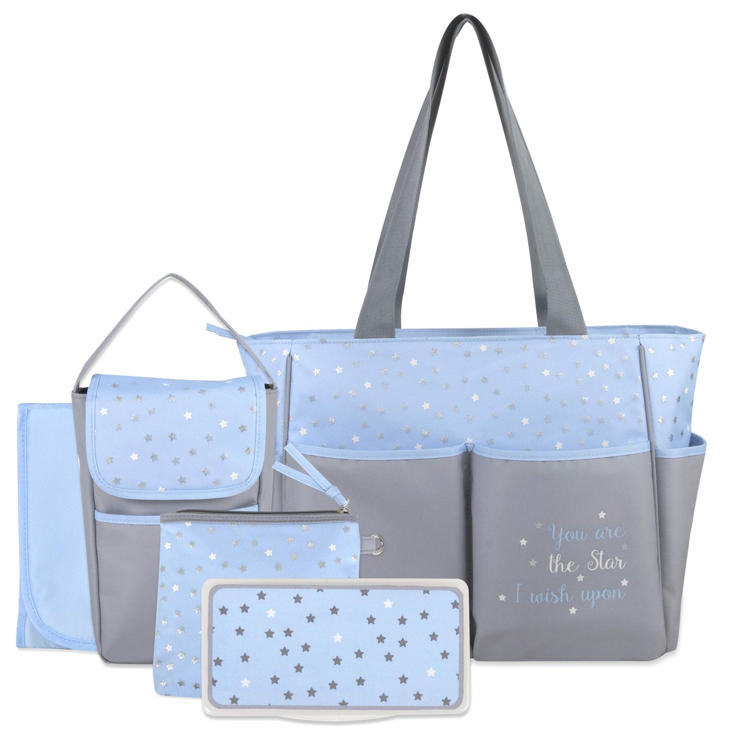 Bolsa de pañales de 5 piezas con sol, luna y estrellas, bolsillo para toallitas, bolsa para pañales sucia, cambiador (gris/azul)