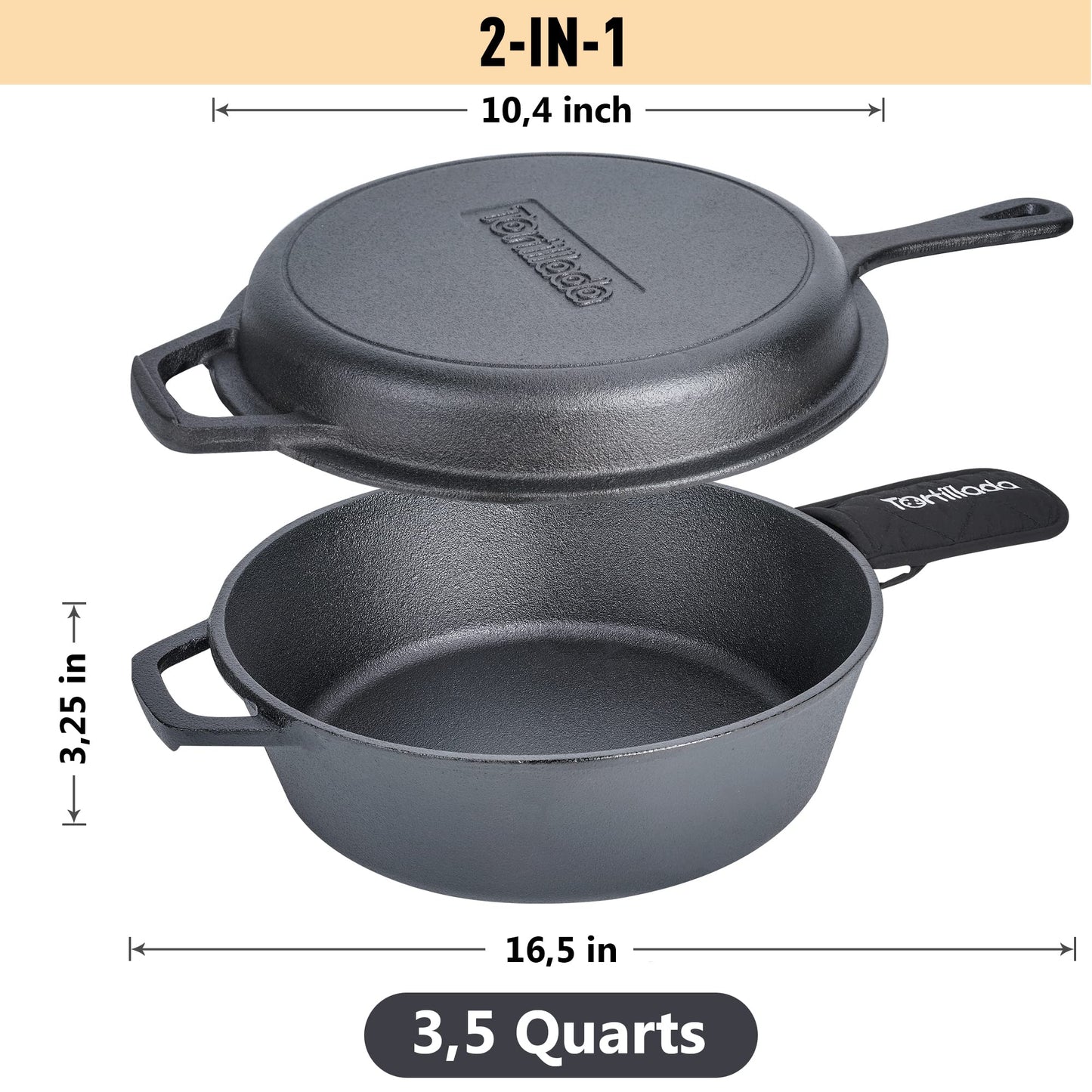 Tortillada - 2 en 1 Combo Cooker Juego de Olla (3.5l) y Sartén (26 cm) De Hierro Fundido + Mango De Protección + E-Book con 50 Recetas