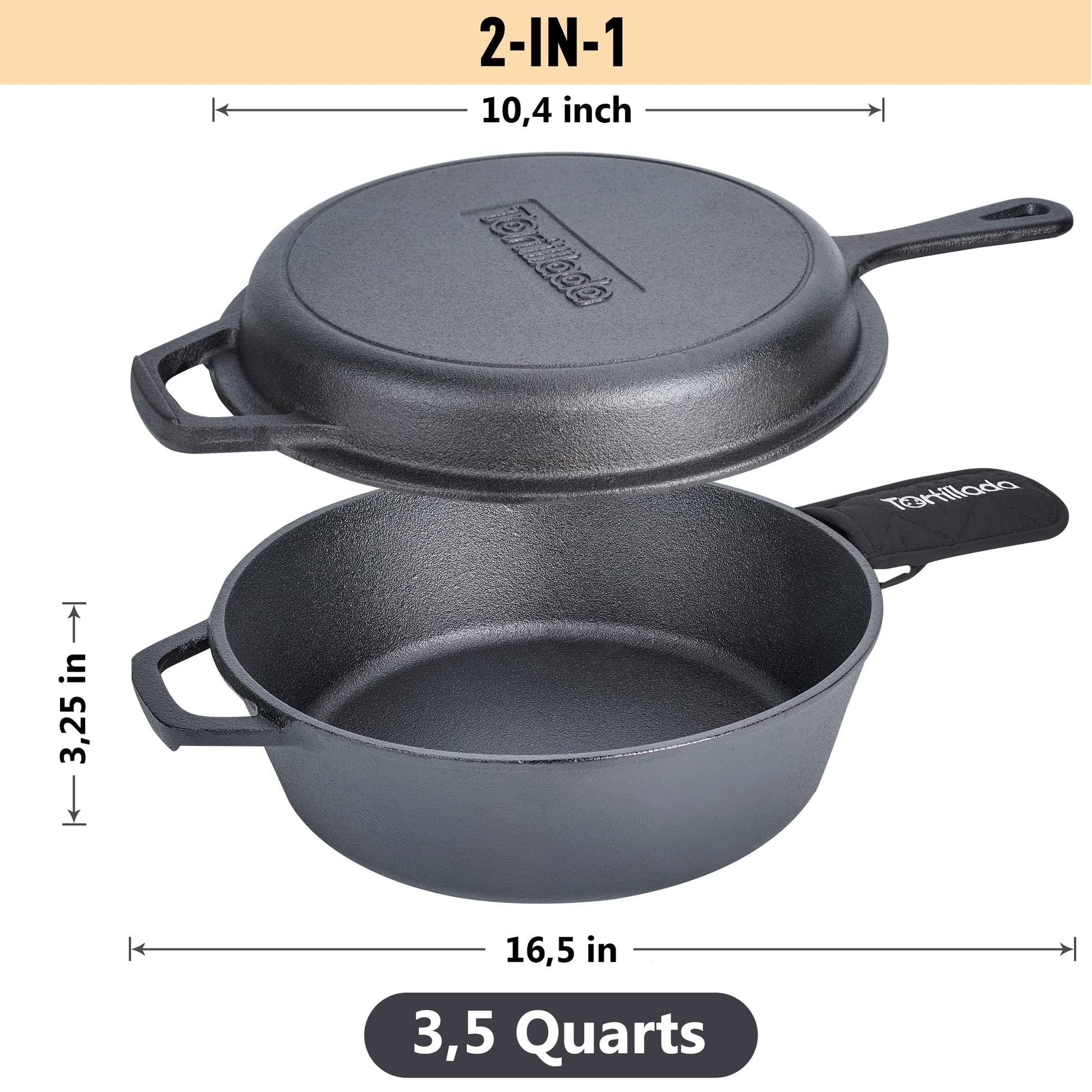 Tortillada - 2 en 1 Combo Cooker Juego de Olla (3.5l) y Sartén (26 cm) De Hierro Fundido + Mango De Protección + E-Book con 50 Recetas