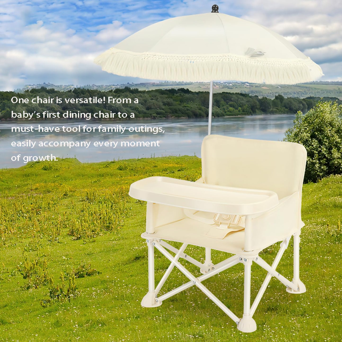Silla de comedor plegable portátil para bebé, silla alta para exteriores, asiento plegable para niños pequeños con sombrilla y cinturón de seguridad (paraguas de borla beige)