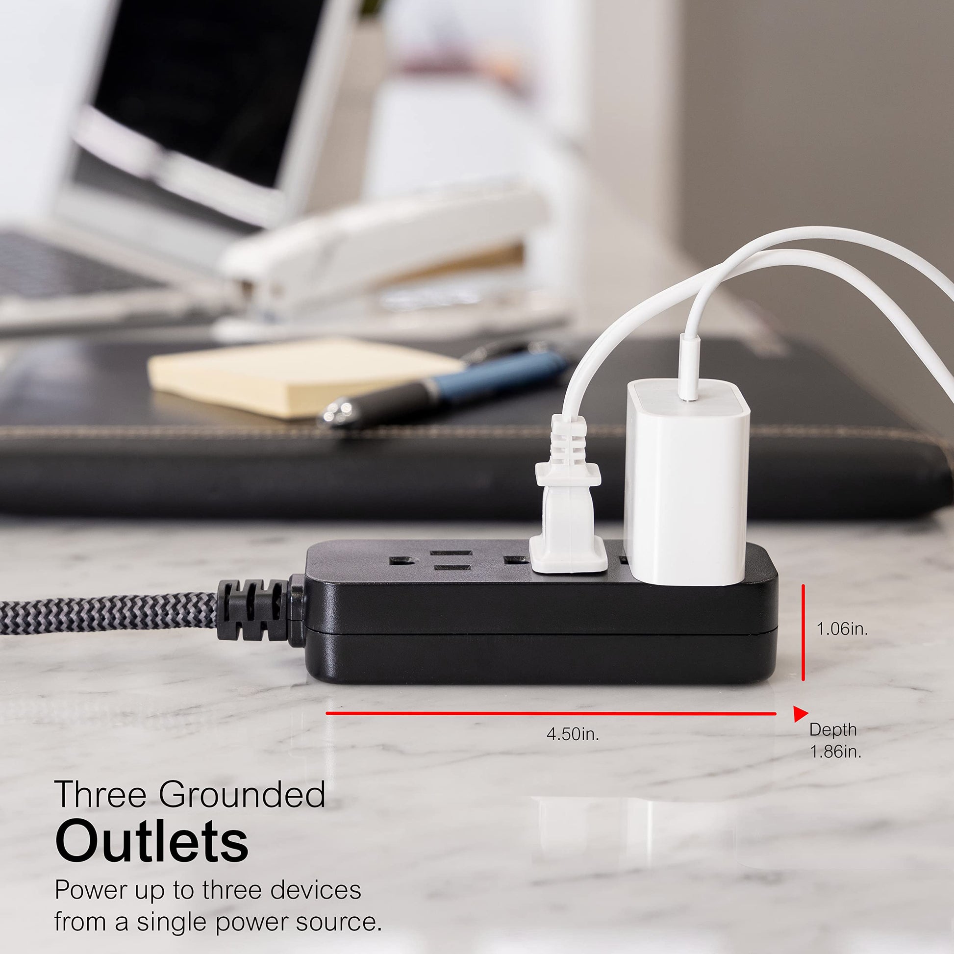 GE Pro Tira Multicontactos De 3 Salidas con Supresor de Picos, Enchufe Plano, Cable De Extensión Trenzado de 4.5 m (15 Pies) 250 Julios, Conectado a Tierra Certificacion UL, Negro/Gris 1 Unidad 44237