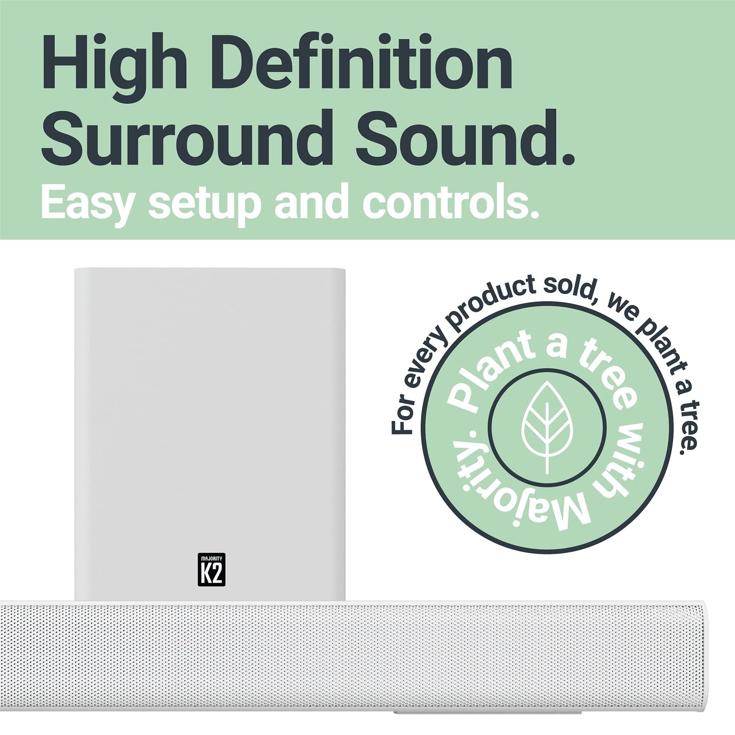 Majority K2 - Barra de sonido con subwoofer | 150 W potente barra de sonido estéreo de 2.1 canales para TV | Sonido envolvente 3D de cine en casa I HDMI ARC, Bluetooth, conexión óptica y RCA I USB y