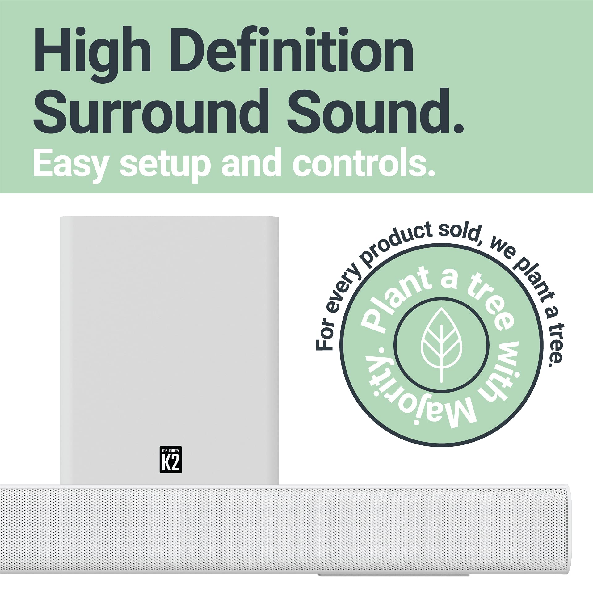 Majority K2 - Barra de sonido con subwoofer | 150 W potente barra de sonido estéreo de 2.1 canales para TV | Sonido envolvente 3D de cine en casa I HDMI ARC, Bluetooth, conexión óptica y RCA I USB y
