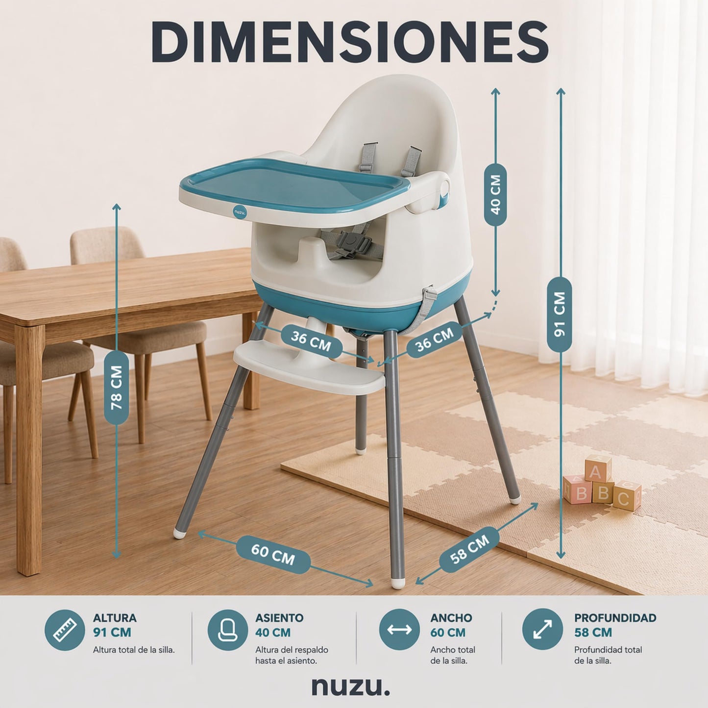 NUZU Periquera para Bebe 3 en 1 | Silla para Bebe Comer Multifuncional con Seguridad y Estilo | Versatilidad en Espacios Reducidos | Asiento Elevador Ajustable para Bebes 6 meses a 4 Años. (Azul)