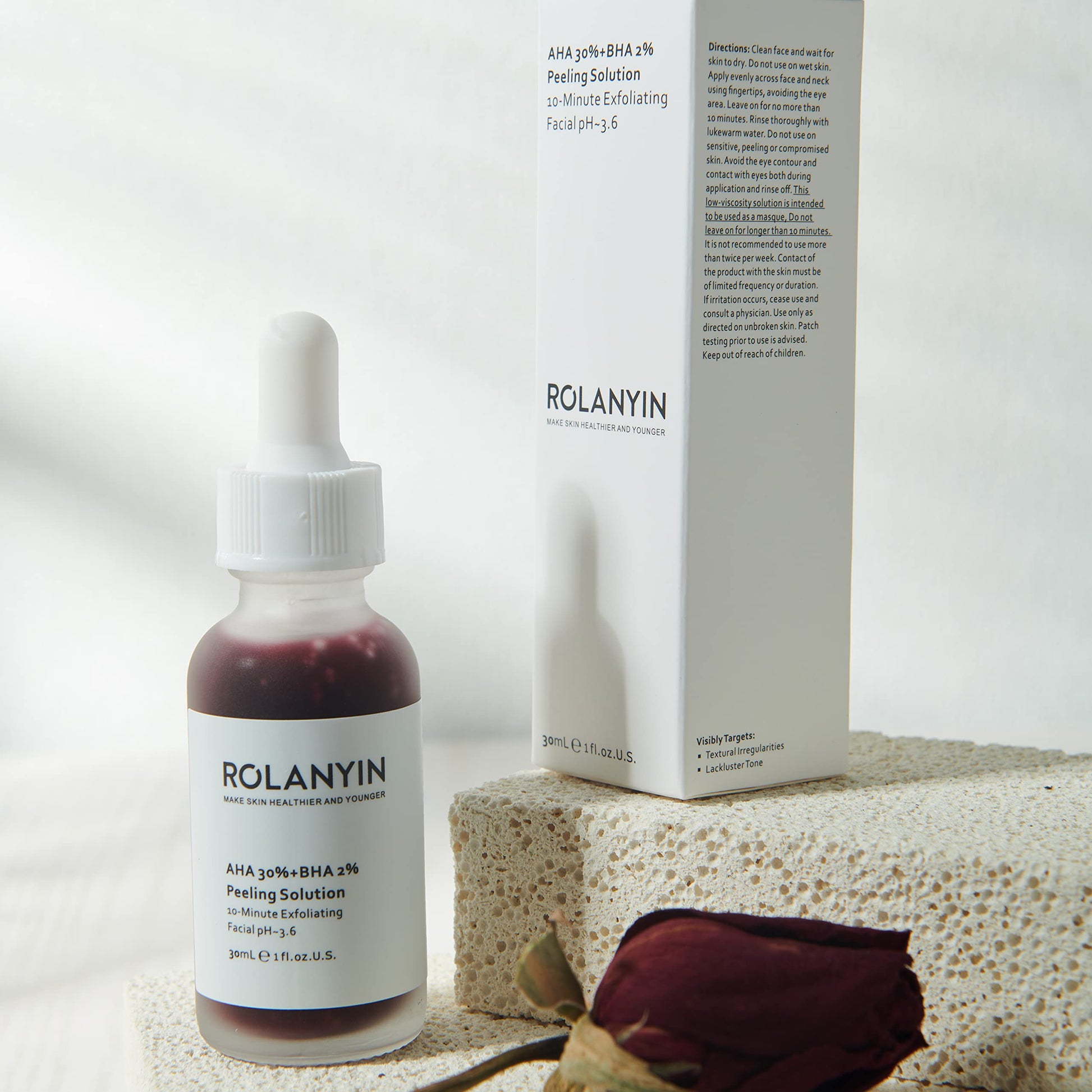 Rolanyin Peeling Solution AHA 30% + BHA 2% Sérum facial exfoliante 30 ml Combate las imperfecciones Reduce la congestión de los poros y las líneas finas