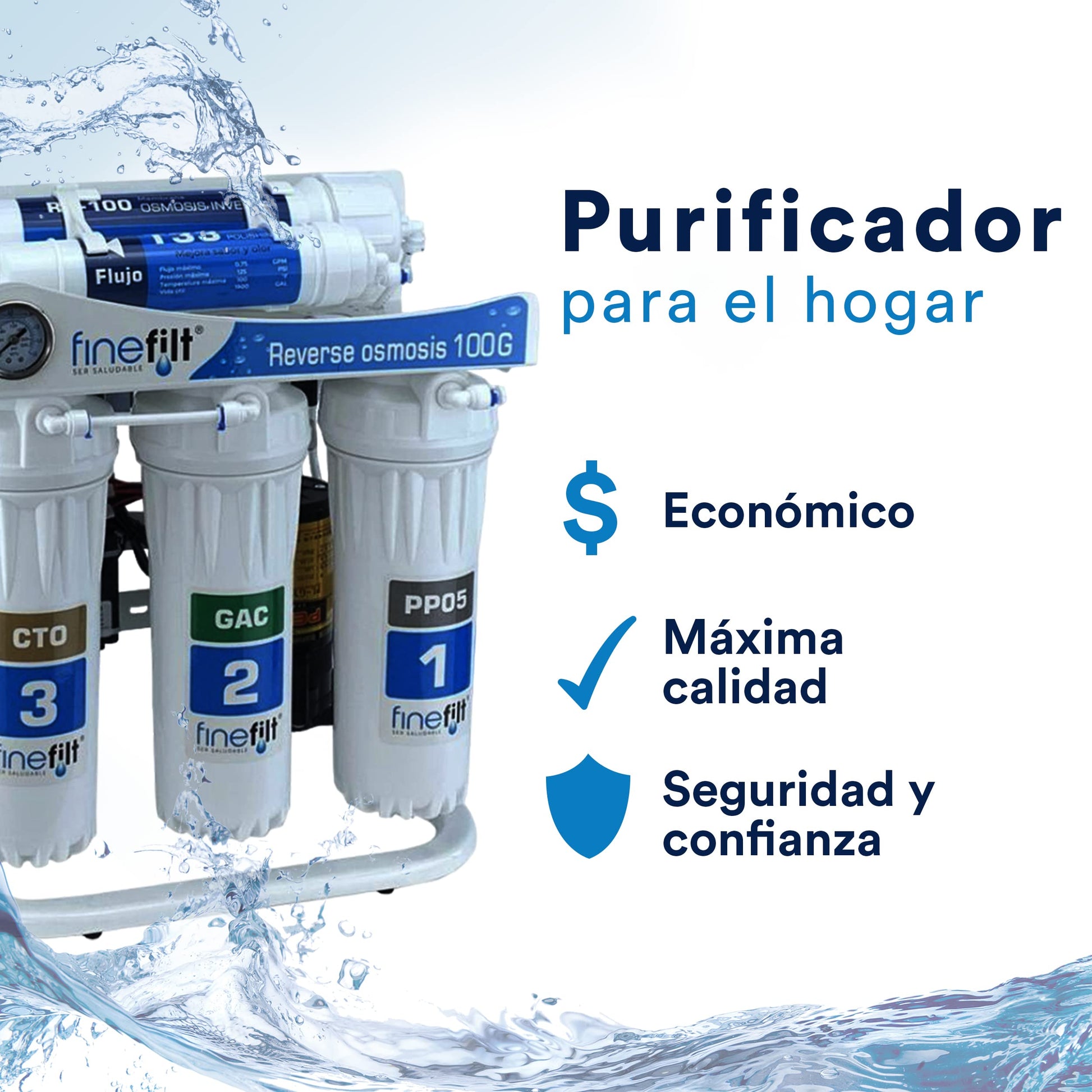 FINEFILT | Purificador de agua de Osmosis Inversa | Filtro Purificador de Agua para casa | hasta 100 galones por dia | Agua segura ya que Elimina Bacterias,Cloro, Metales Pesados y dureza