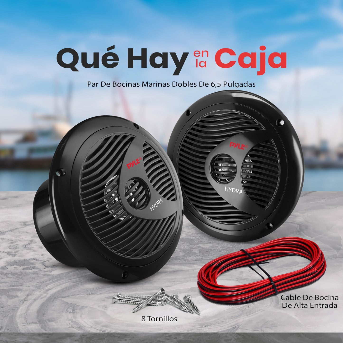 Pyle bocinas marinas dobles de 6.5 pulgadas. Sistema de sonido estéreo para exteriores resistente al agua. 2 vías. Potencia 150 watts. 1 par. Negro