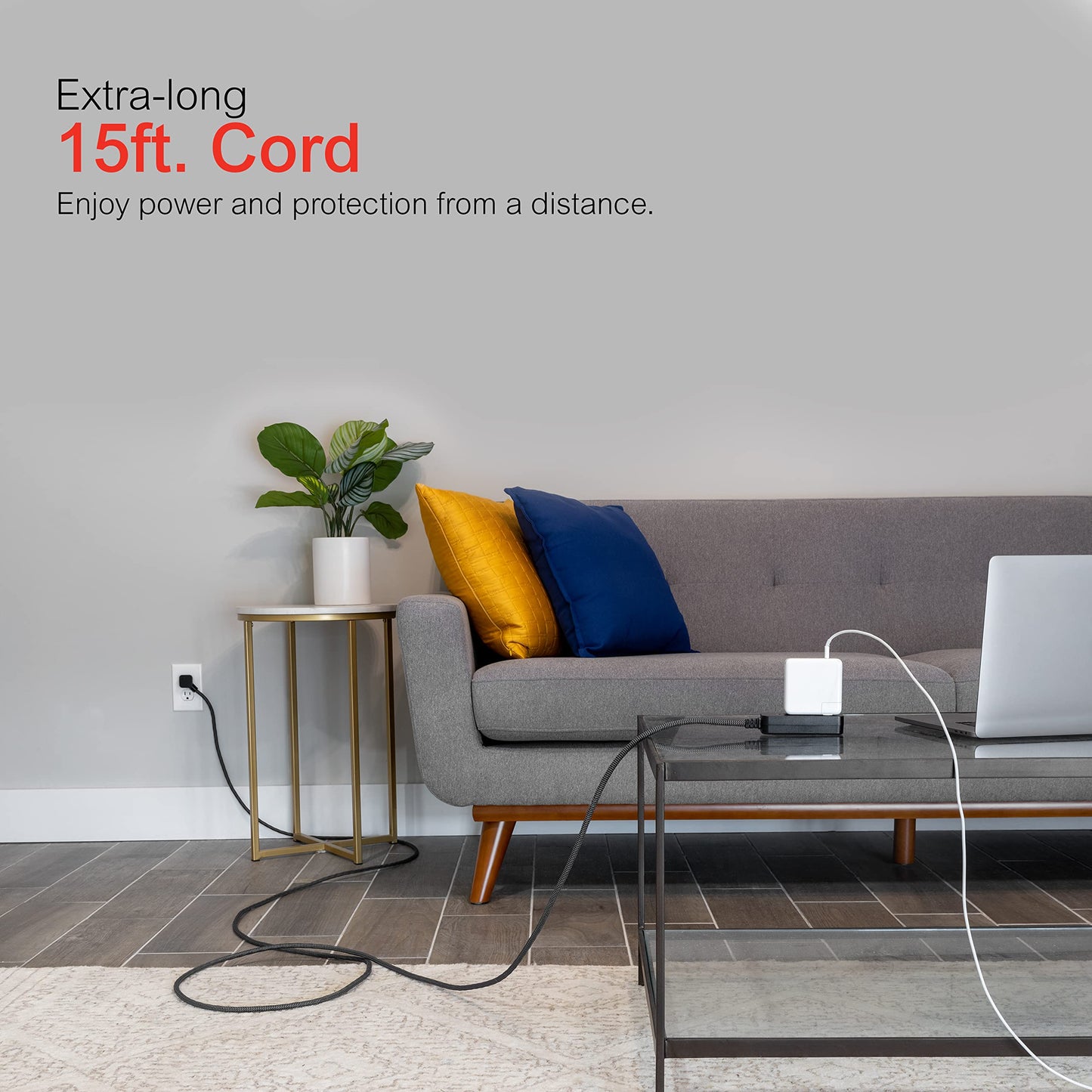 GE Pro Tira Multicontactos De 3 Salidas con Supresor de Picos, Enchufe Plano, Cable De Extensión Trenzado de 4.5 m (15 Pies) 250 Julios, Conectado a Tierra Certificacion UL, Negro/Gris 1 Unidad 44237