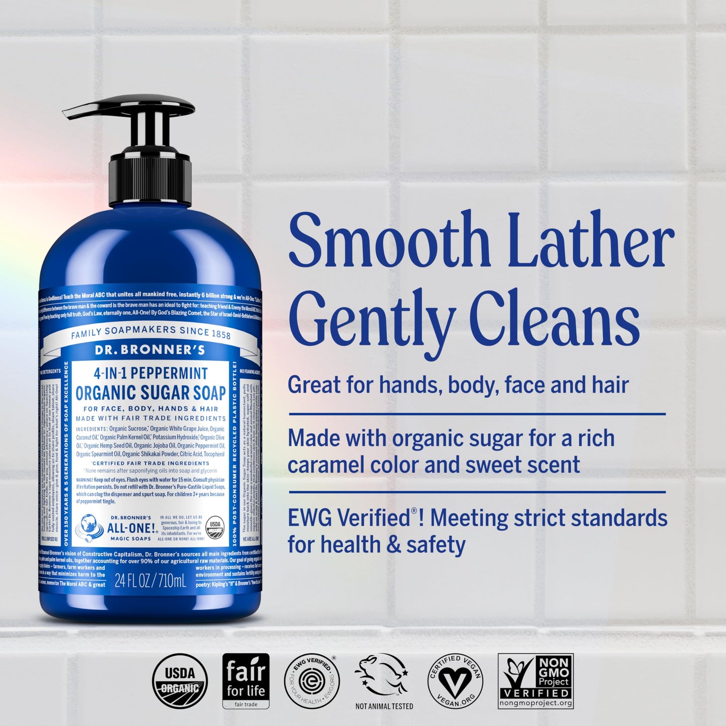 Dr. Bronner's | Jabón líquido de azúcar orgánico, hidratante y nutritivo, para manos, cuerpo, rostro y cabello; certificado vegano - Menta, 710 ml