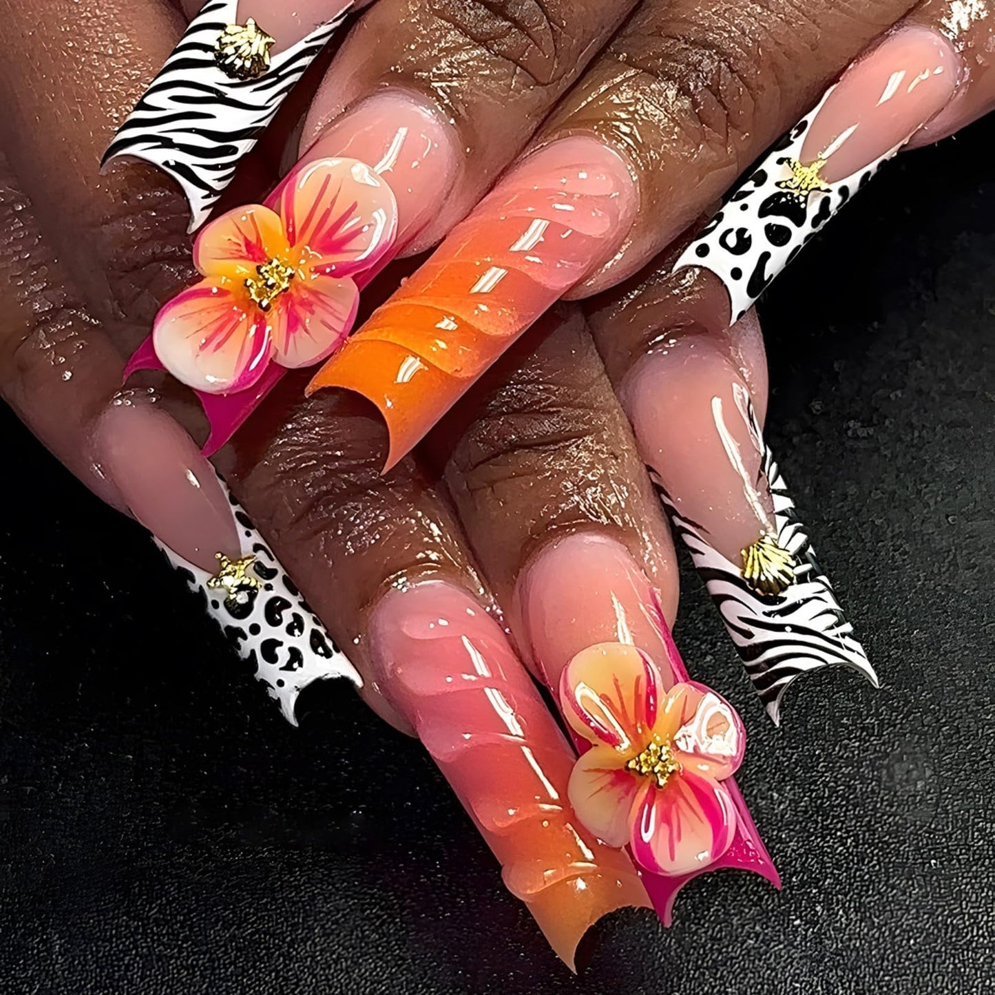 octoswave Uñas postizas cuadradas de presión larga con diseño de flores y leopardo 3D para mujer, 24 unidades