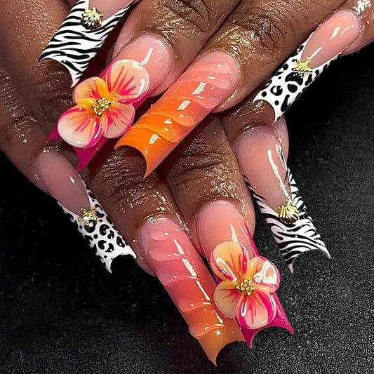 Uñas Postizas octoswave Cuadradas Largas Diseño de Flores y Leopardo 3D para Mujer