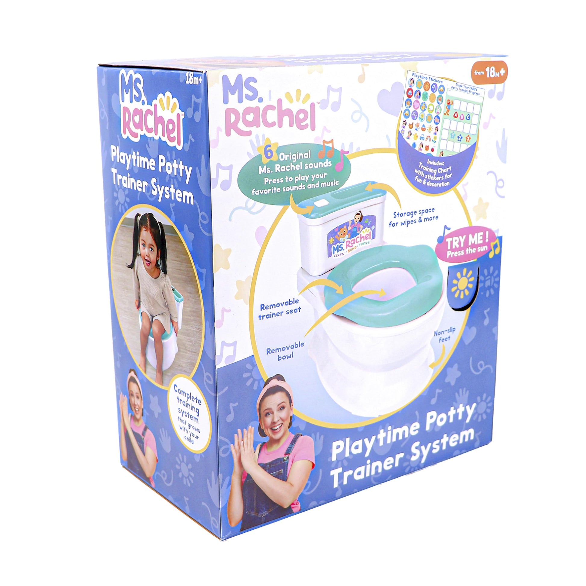 Ms. Rachel 2 en 1 Playtime Floor Potty Trainer con sonido, entrenamiento de etapa 1, asiento extraíble para entrenamiento de etapa 2, 6 sonidos y música de la Sra. Rachel - Almacenamiento - Piezas