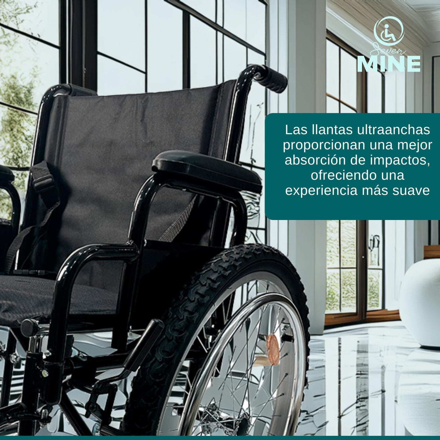 Silla de Ruedas Todo Terreno SEVEN MINE Negra con Neumáticos Traseros de 24 Pulgadas y Llantas Anchas Delanteras 8x2 Pulgadas