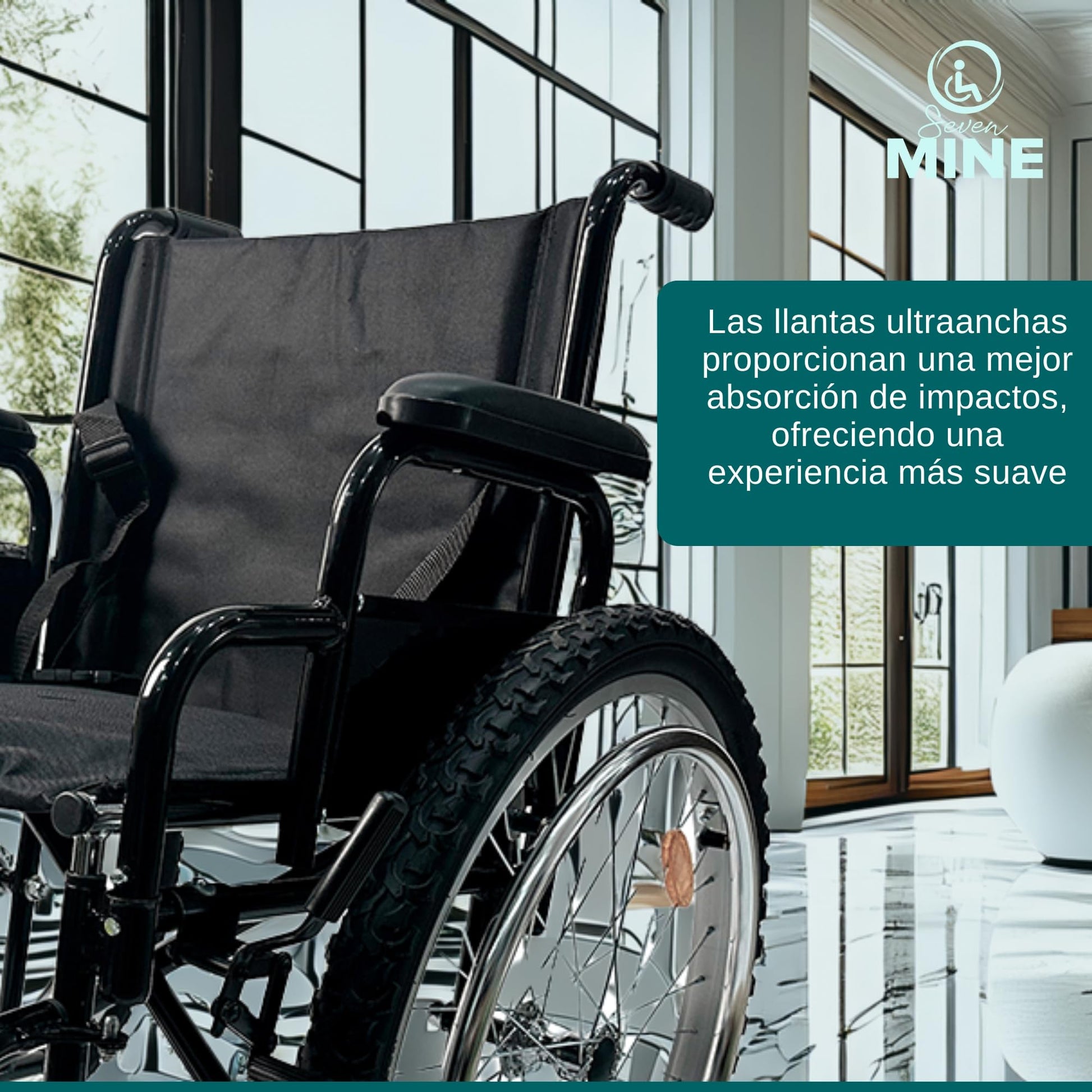 Silla de Ruedas Todo Terreno SEVEN MINE Negra con Neumáticos Traseros de 24 Pulgadas y Llantas Anchas Delanteras 8x2 Pulgadas