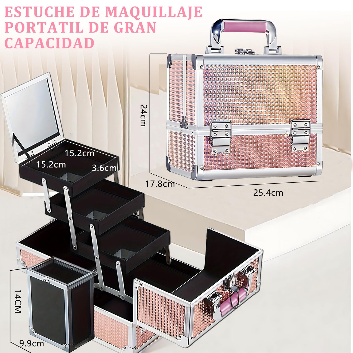 SIJEW Estuche de Tren de Maquillaje, Caja de Viaje Para Cosméticos, Caja Organizadora de Maquillaje con Espejo, 3 Bandejas, Oro Rosa, Organizador de Joyas Con Cerradura Portátil (Negro)