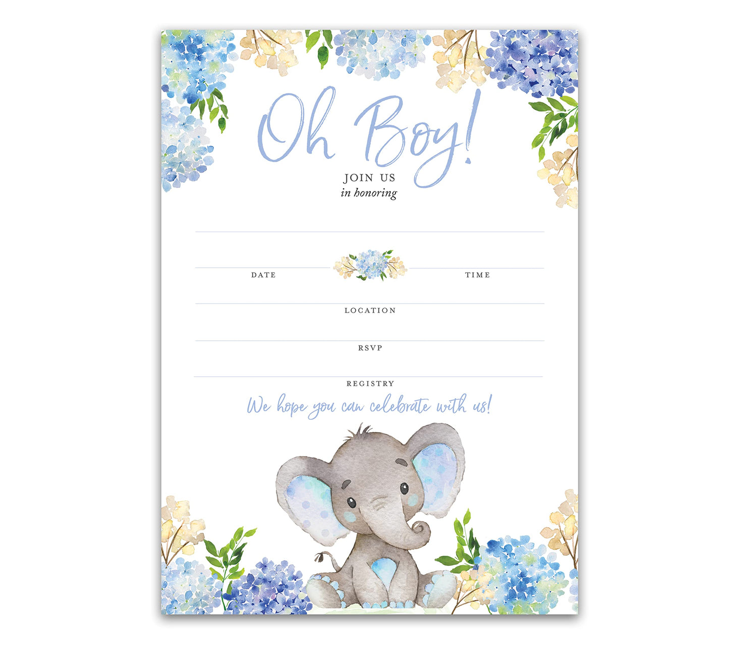 Blue ELEPHANT Baby Shower Invitations – Paquete de 25 – Baby Boy Blank Fill-in Baby Shower Invites, Oh Baby, Blue Floral Baby ELEPHANT Boy Baby Sprinkle Little Peanut Invitation SKU I531-INV1