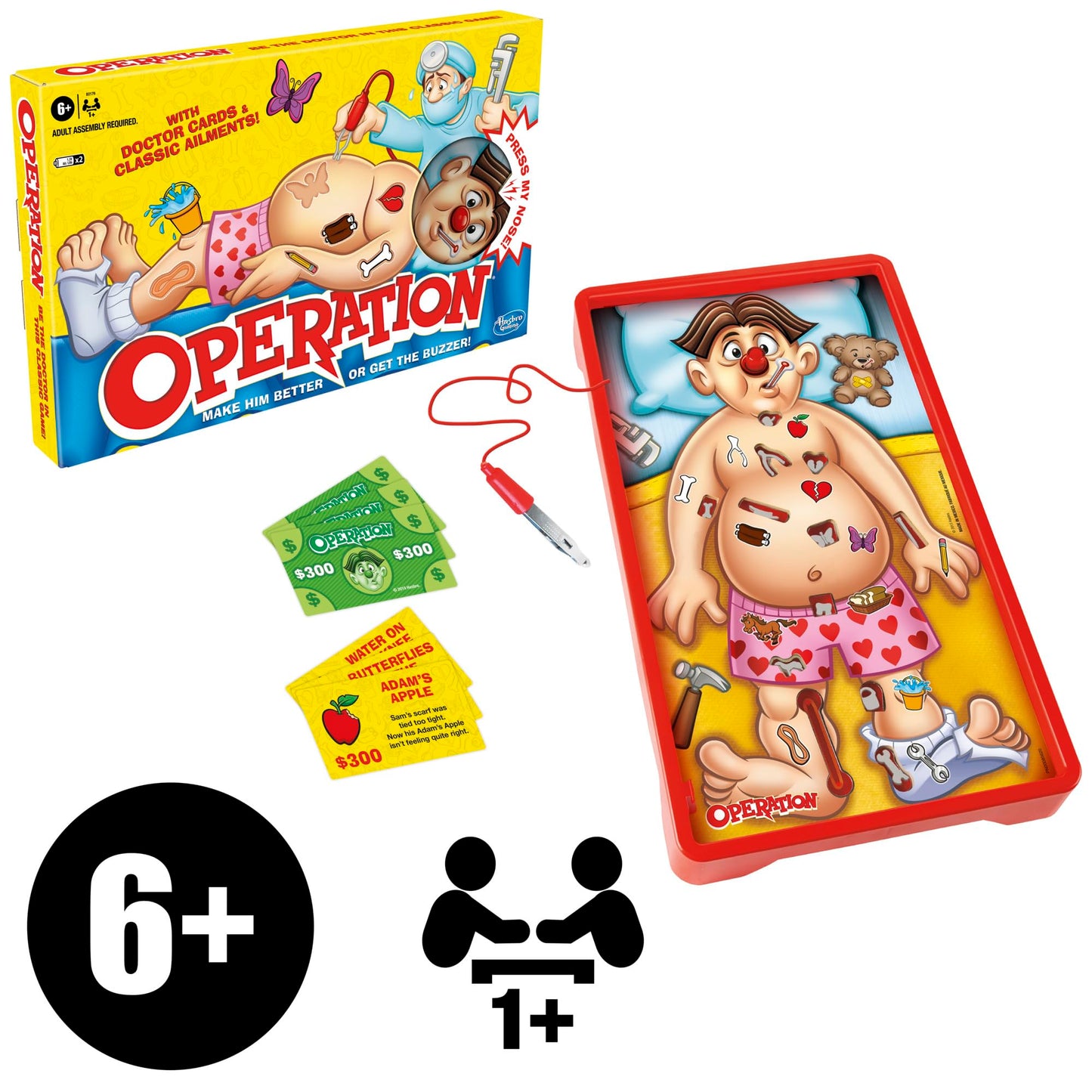Hasbro Gaming, Operando Clásico, Juego de Mesa, Incluye 1 Tablero, 1 Pinzas y 13 Piezas Divertidas para Niños y Niñas de 6+ Años para 1 o más Jugadores, No Incluye Baterías