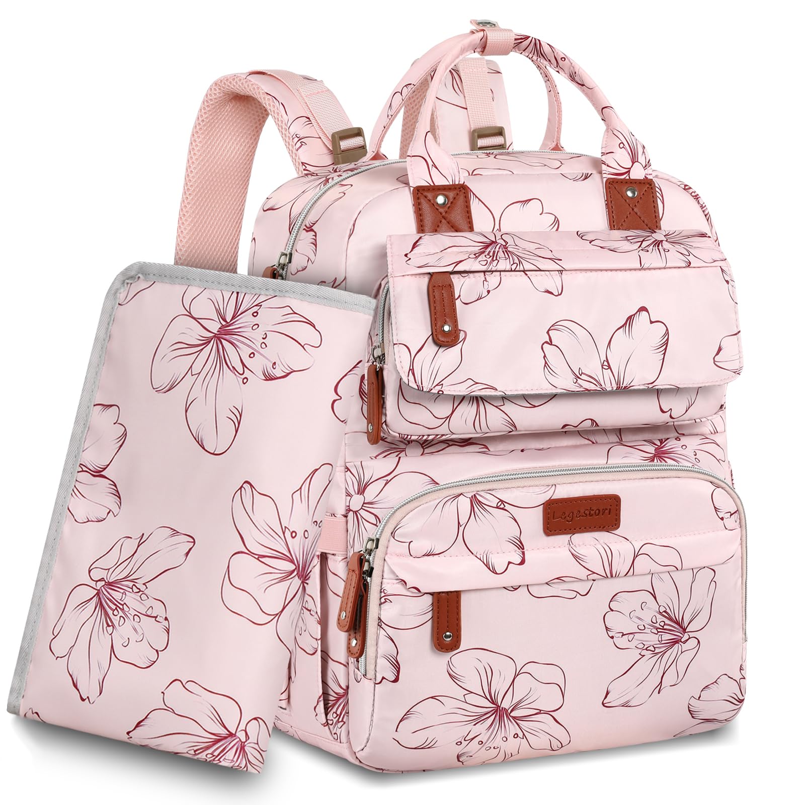Mochila para pañales, mochila grande para pañales con cambiador portátil, bolsas de pañales para bebés para niñas, mochila de viaje floral multifunción para mamás papás con bolsillos aislados y