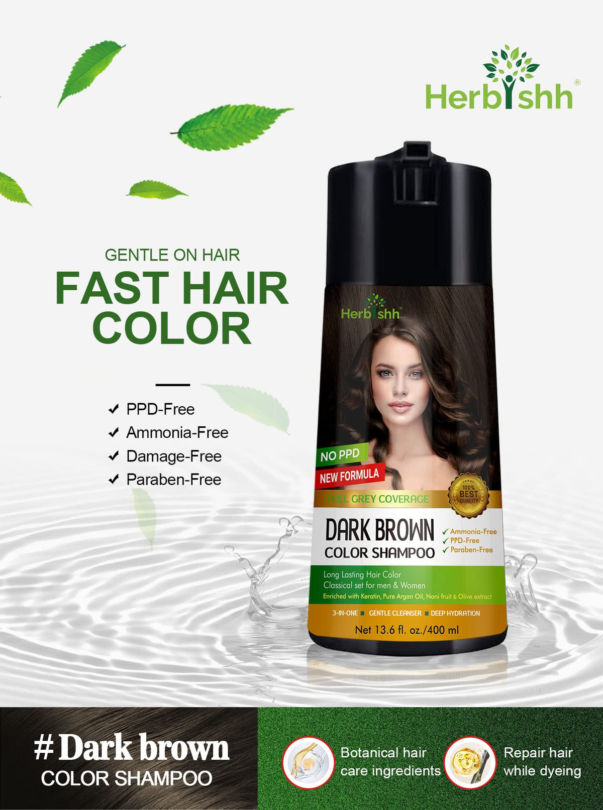 Herbishh Champú de color para cabello gris - Champú y acondicionador para teñir el cabello - Larga duración, cobertura completa de canas y bricolaje (Dark Brown) 400ml