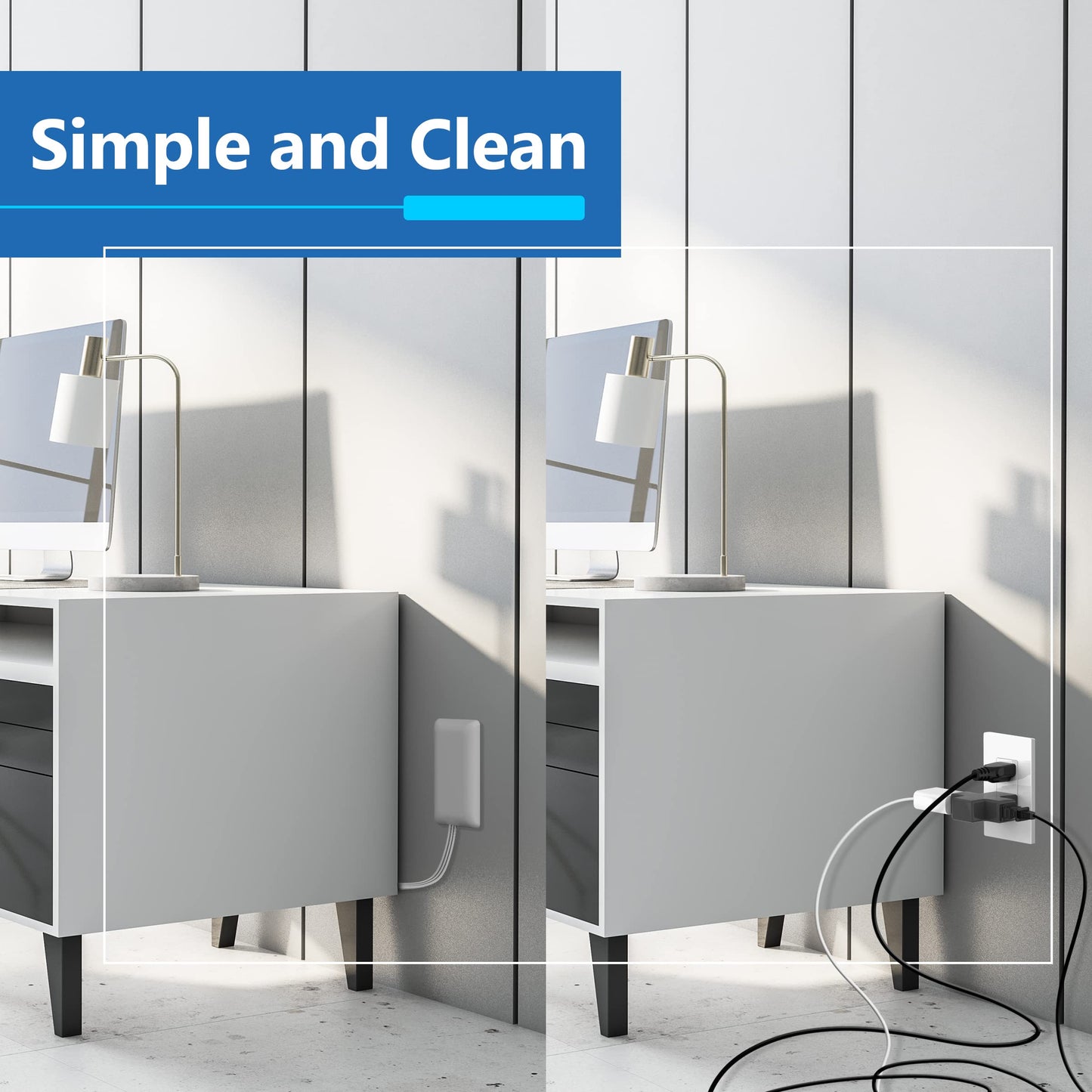 LIDER Extensor de toma de cara plana con 3 receptáculos, enchufe de placa de pared ultradelgado con extensor de cable y tira de alimentación de 3 salidas, cable de 8 pies, LWE8-315-W, listado ETL