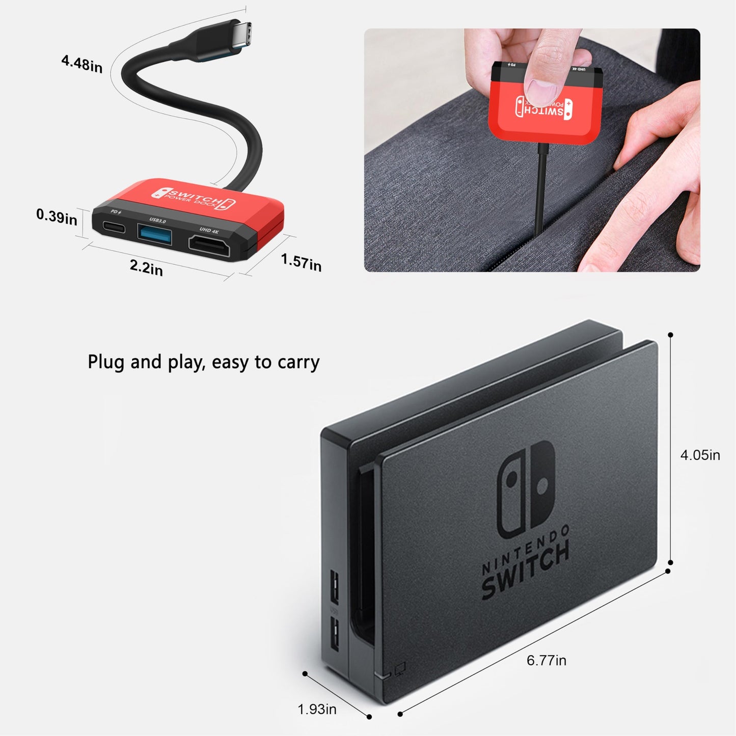 GKEAPZA Dock para Nintendo Switch/OLED, Mini TV Dock 3 en 1 con Puerto 4K HDMI USB 3.0 Carga USB C PD 101W, Base Portátil de Viaje