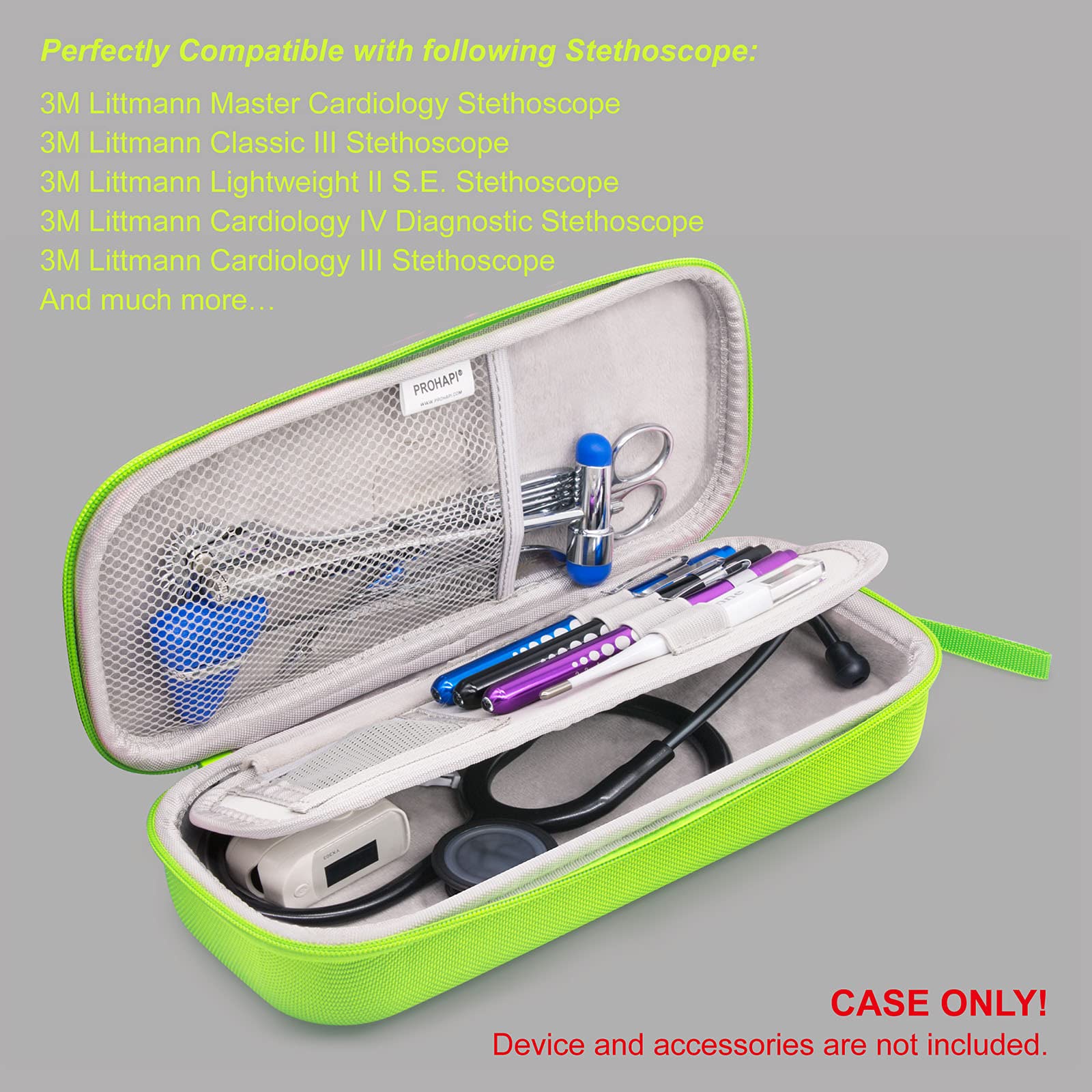 Estuche para Estetoscopio PROHAPI Verde Neón con Ranura para ID Compatible con 3M Littmann/ADC/Omron/MDF