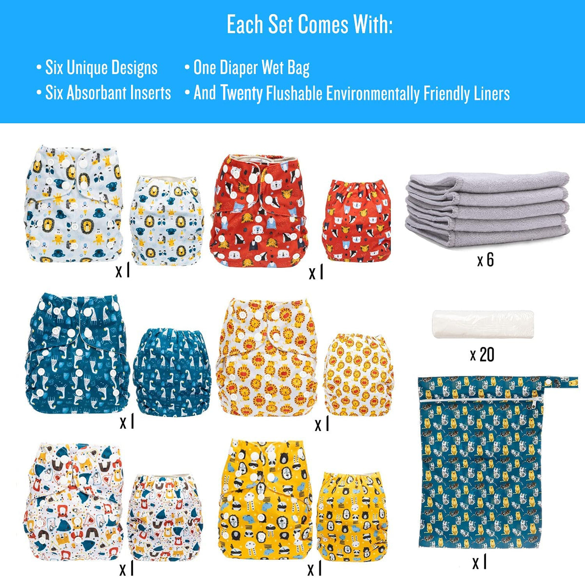 Simple Being - Pañales de tela reutilizables, doble fuelle, talla única, lavable, suave absorbente, cubierta impermeable, respetuoso con el medio ambiente, unisex, bebé niña, niño, seis inserciones de