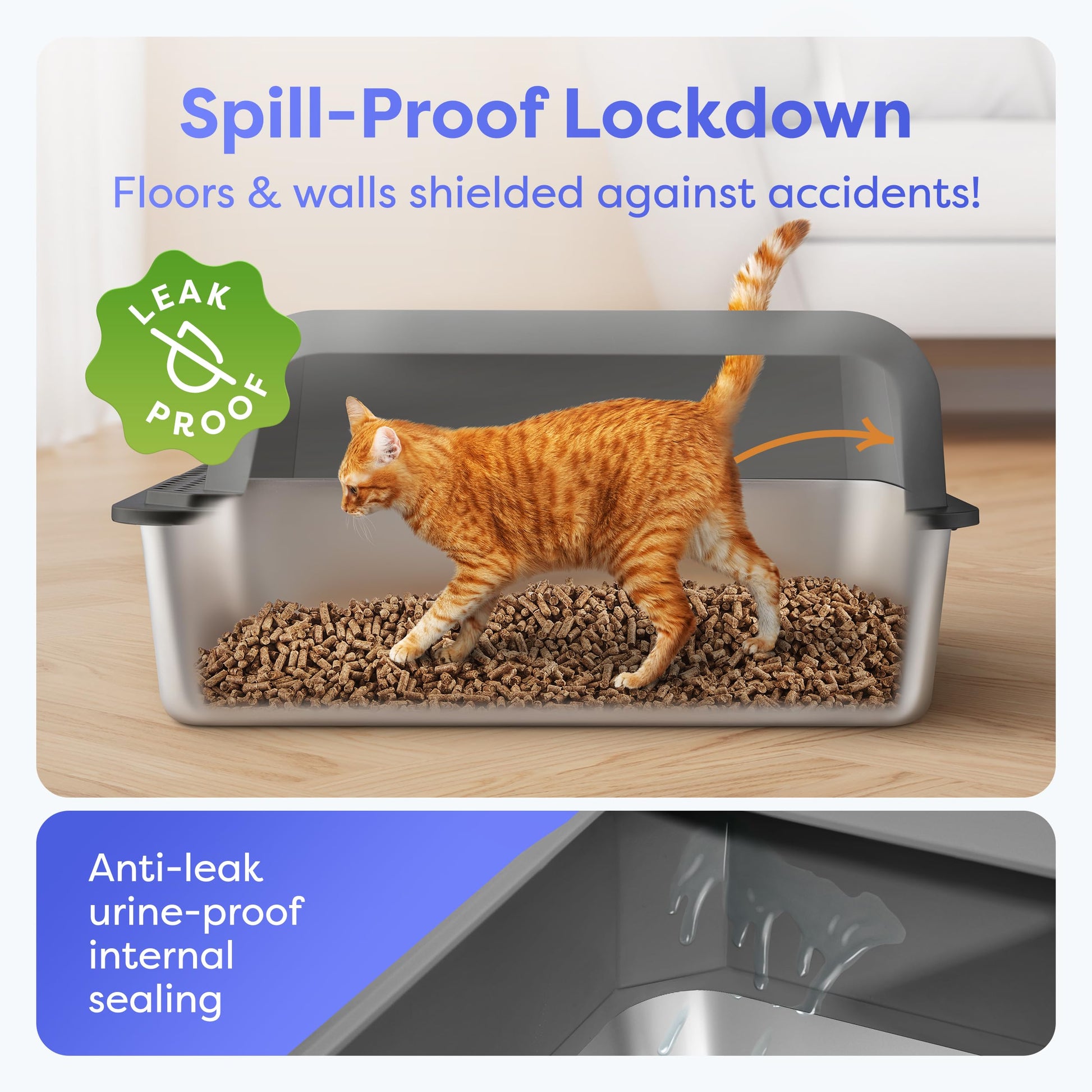 Caja de arena para gatos de acero inoxidable, extragrande