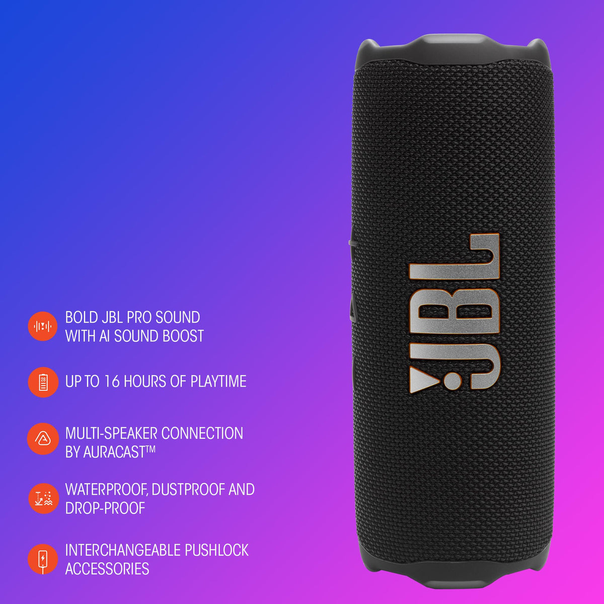 Altavoz Portátil JBL Flip 7 Negro Funky Impermeable y a Prueba de Caídas