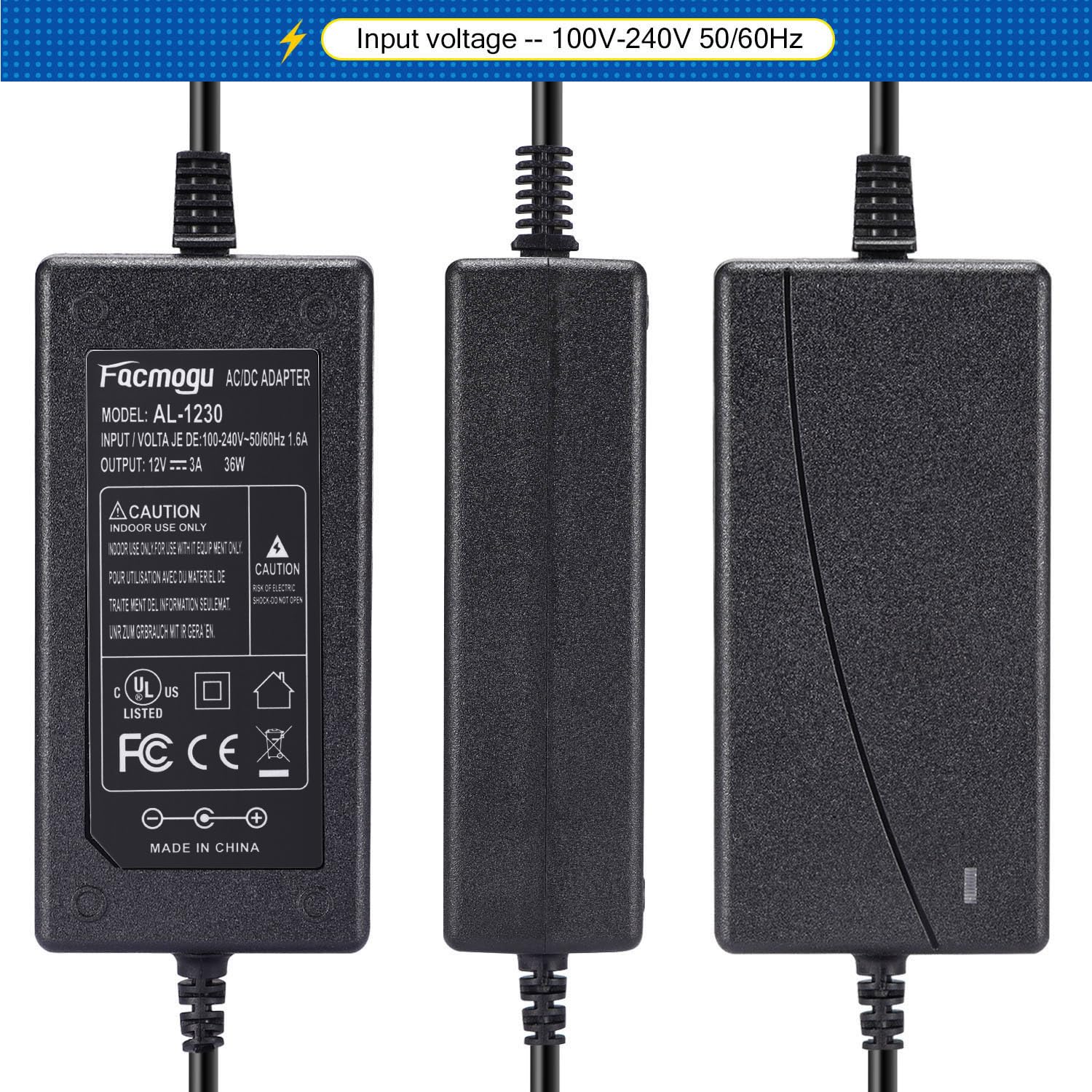 DC 12V 3A Power Adapter, 36 Watt AC 100-240V to DC 12Volt Transformers, Switching Power Supply for LED Strip Light, Camera, Wireless Router 2.1mm X 5.5mm US Plug