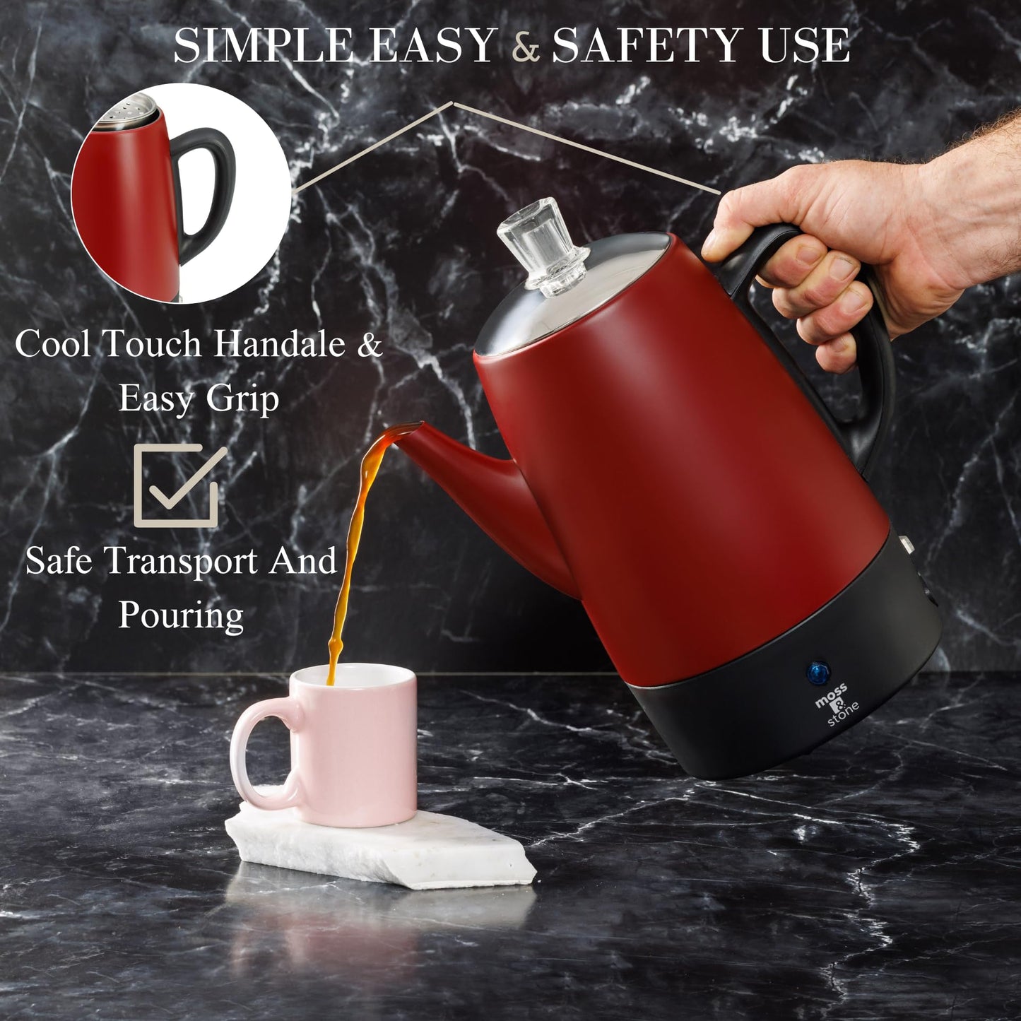 Cafetera eléctrica Moss & Stone, cuerpo rojo con tapa de acero inoxidable, cafetera eléctrica, cafetera de camping roja de 10 tazas