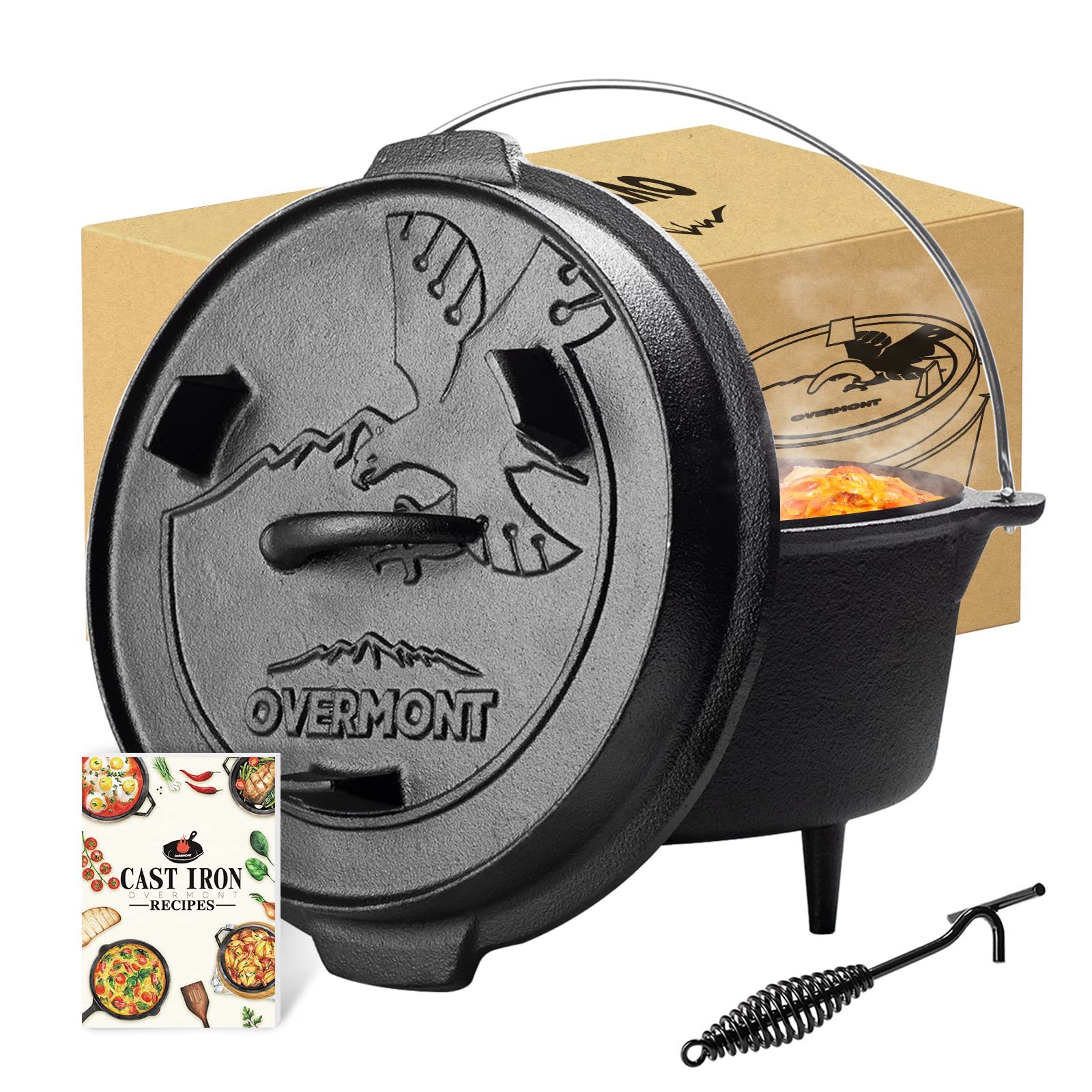 Overmont Camp - Tapa de hierro fundido presazonada para horno holandés, también una cacerola con elevador de tapa, para camping, cocina, barbacoa, hornear, 6 cuartos (olla + tapa)