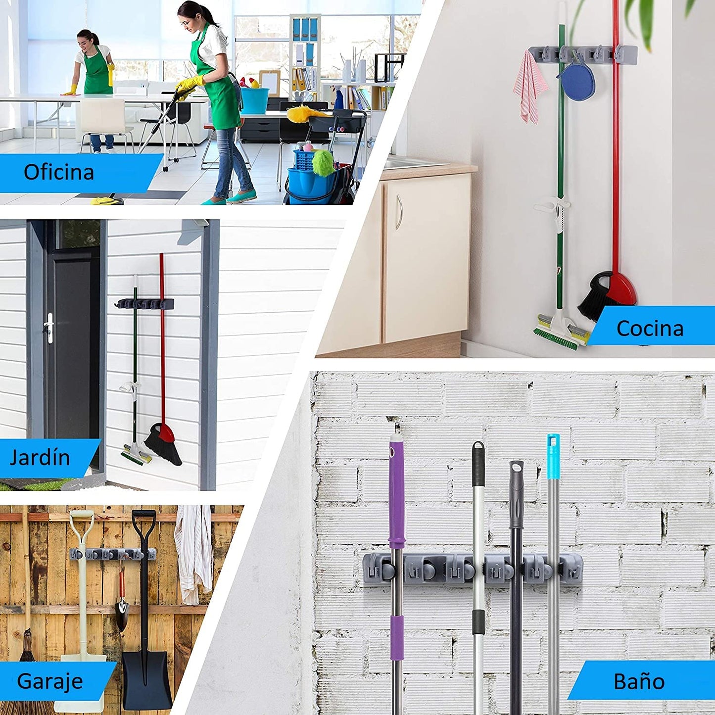 Organizador de Escobas y Trapeadores Blanco para Pared y Closet para Hogar, Baño, Cocina, Garaje y Jardín