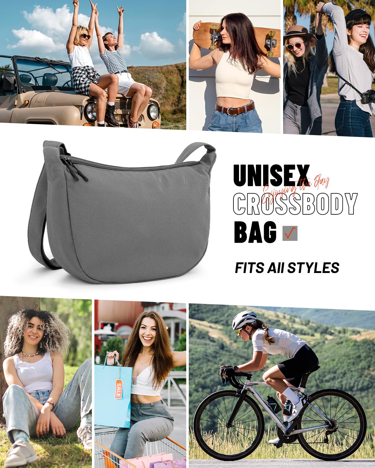 Bolso bandolera pequeño para mujeres y hombres, a la moda, mini bolsa de media luna con correa ajustable, 2 cremalleras bolsa de nailon ligero, Gris, Pequeño, Causal