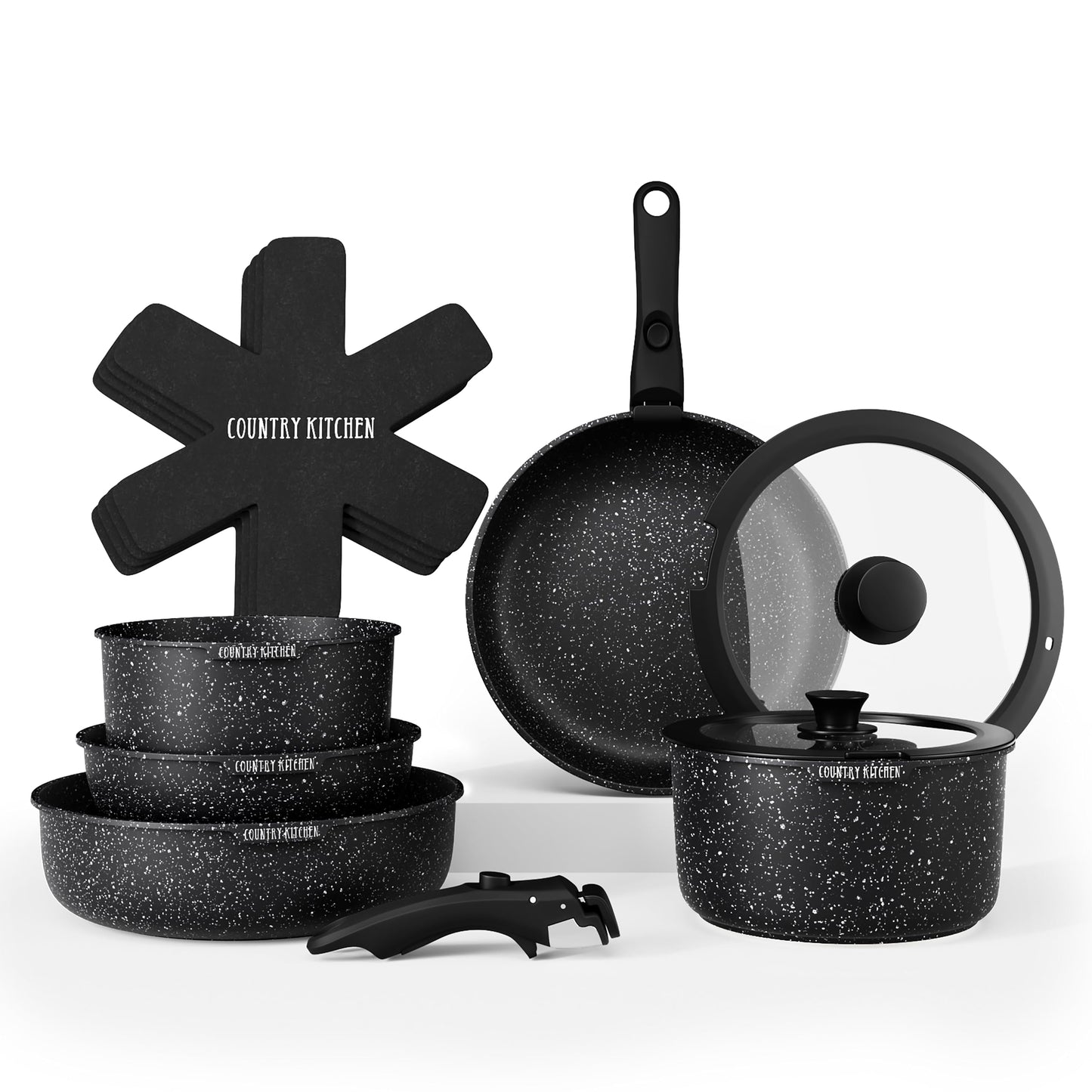 Country Kitchen - Juego de ollas y sartenes de 13 piezas, utensilios de cocina antiadherentes seguros con mango extraíble, juego de utensilios de cocina para RV, apto para horno (negro)