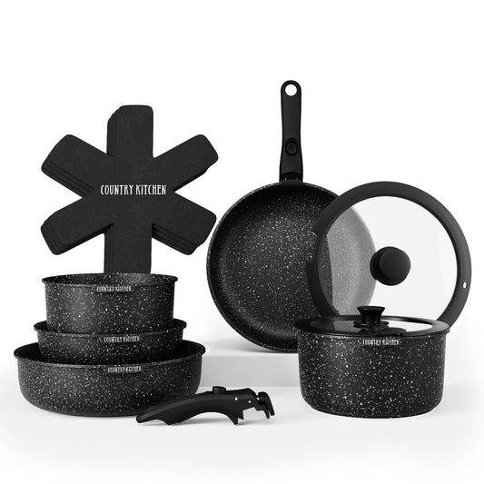 Country Kitchen - Juego de ollas y sartenes de 13 piezas, utensilios de cocina antiadherentes seguros con mango extraíble, juego de utensilios de cocina para RV, apto para horno (negro)