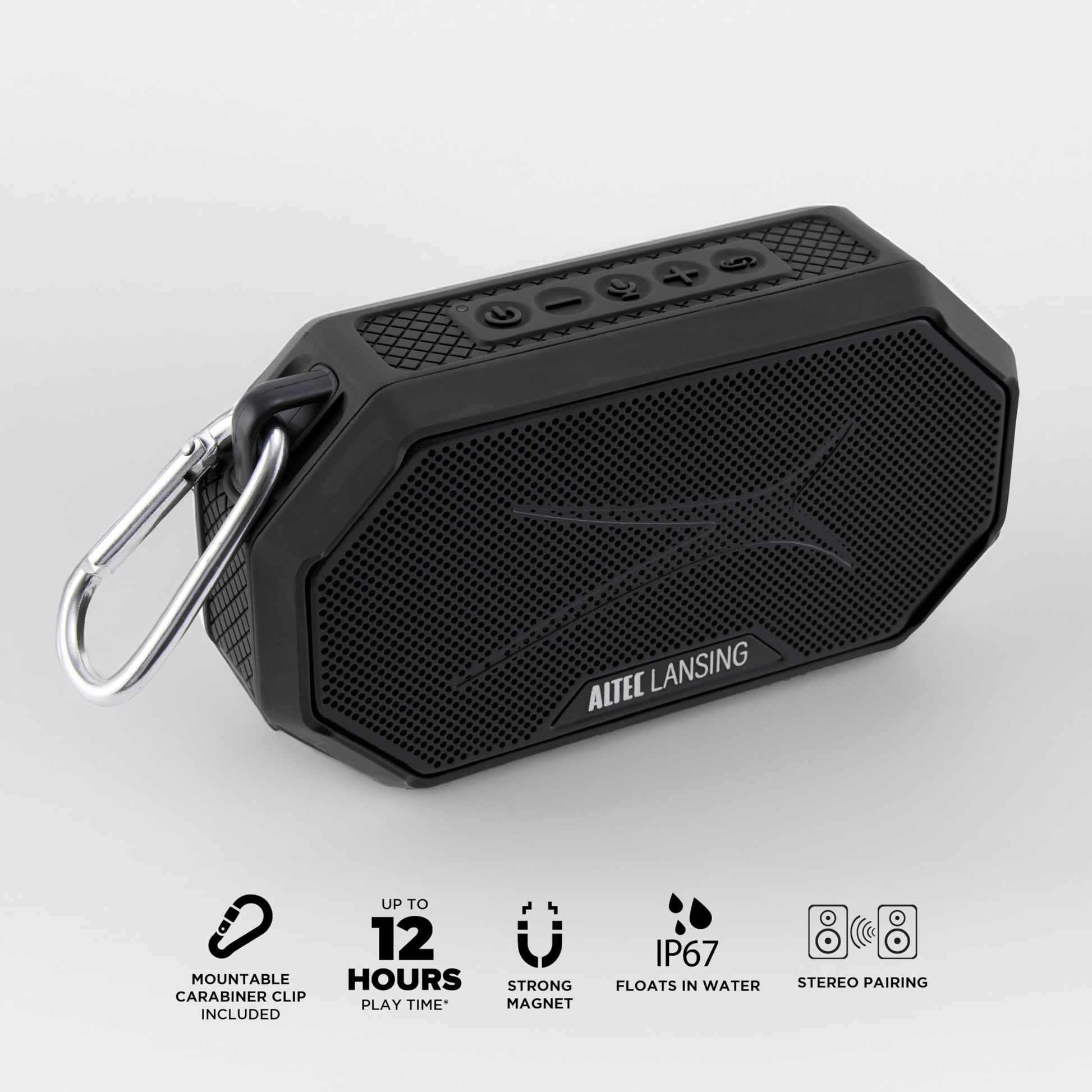 Altec Lansing - Altavoz Bluetooth portátil HYDRAMINI 2.0, IP67 impermeable, altavoz portátil, tiempo de reproducción de 12 horas, emparejamiento inalámbrico, carga rápida USB-C, Bluetooth magnético,