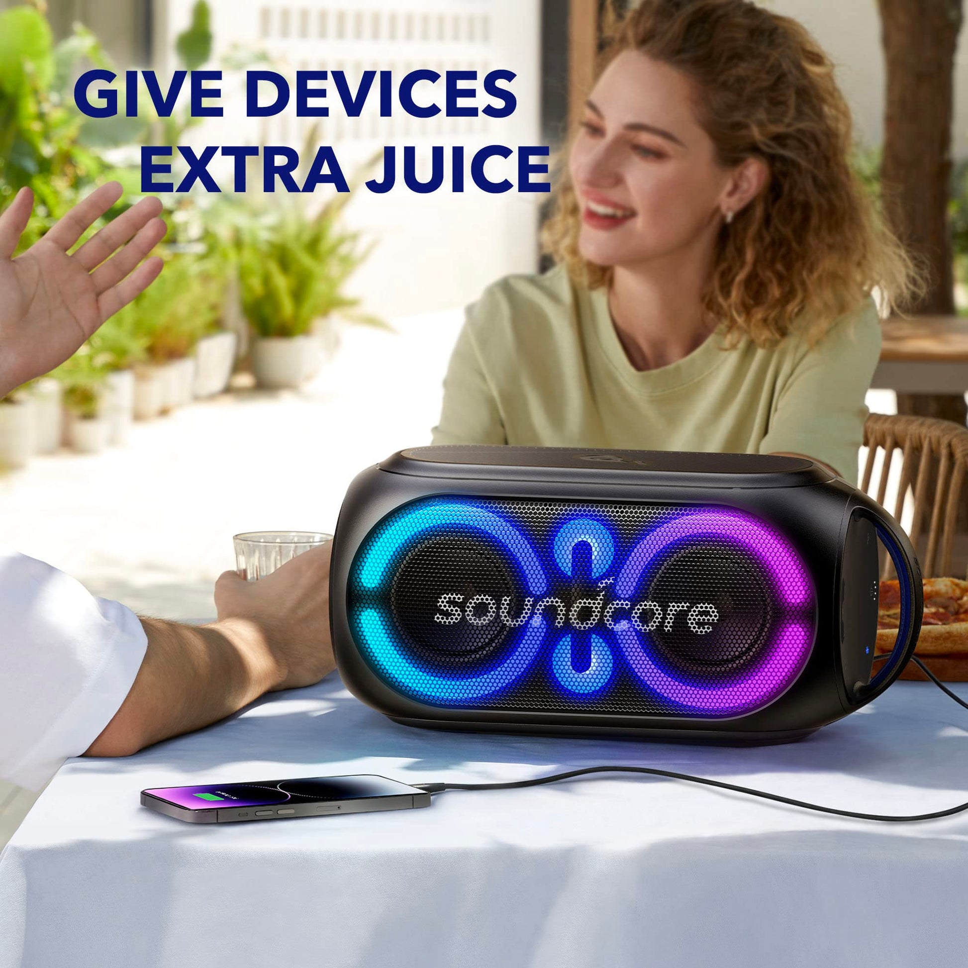Soundcore Anker Rave Party 2 Altavoz portátil, Sonido estéreo de 120 W, espectáculo de luz, IPX4 Resistente al Agua, 16hrs de reproducción, Entrada de micrófono, Ecualizador Personalizado