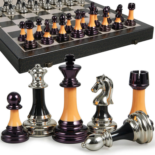 BIVOMON - Juego de ajedrez de madera plegable de 16 pulgadas, color negro y blanco, piezas de ajedrez acrílico con peso de lujo con ranuras de almacenamiento para adultos y niños, regalo grande