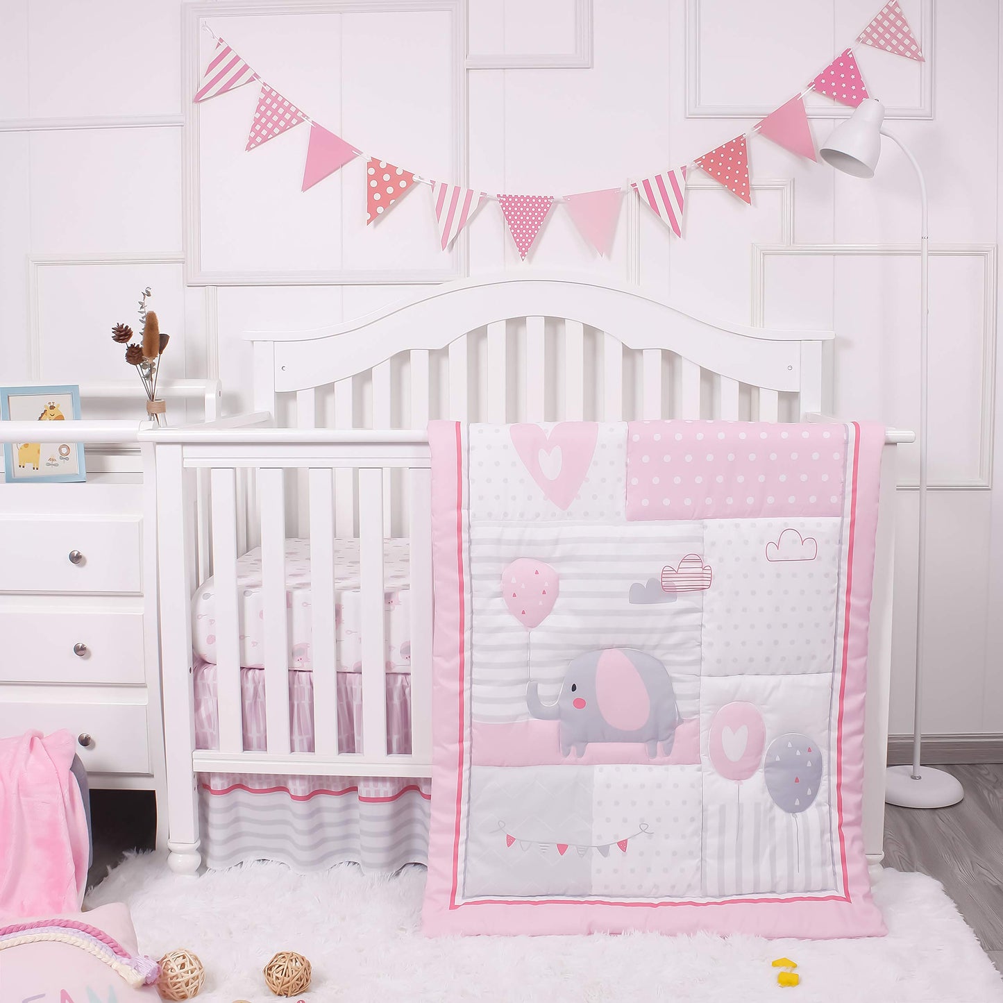 La Premura Baby Elephant Nursery Crib Bedding Set for Girls - Pink Elephant & Love Balloons 3-Piece Standard Size Crib Set, Pink & Gray