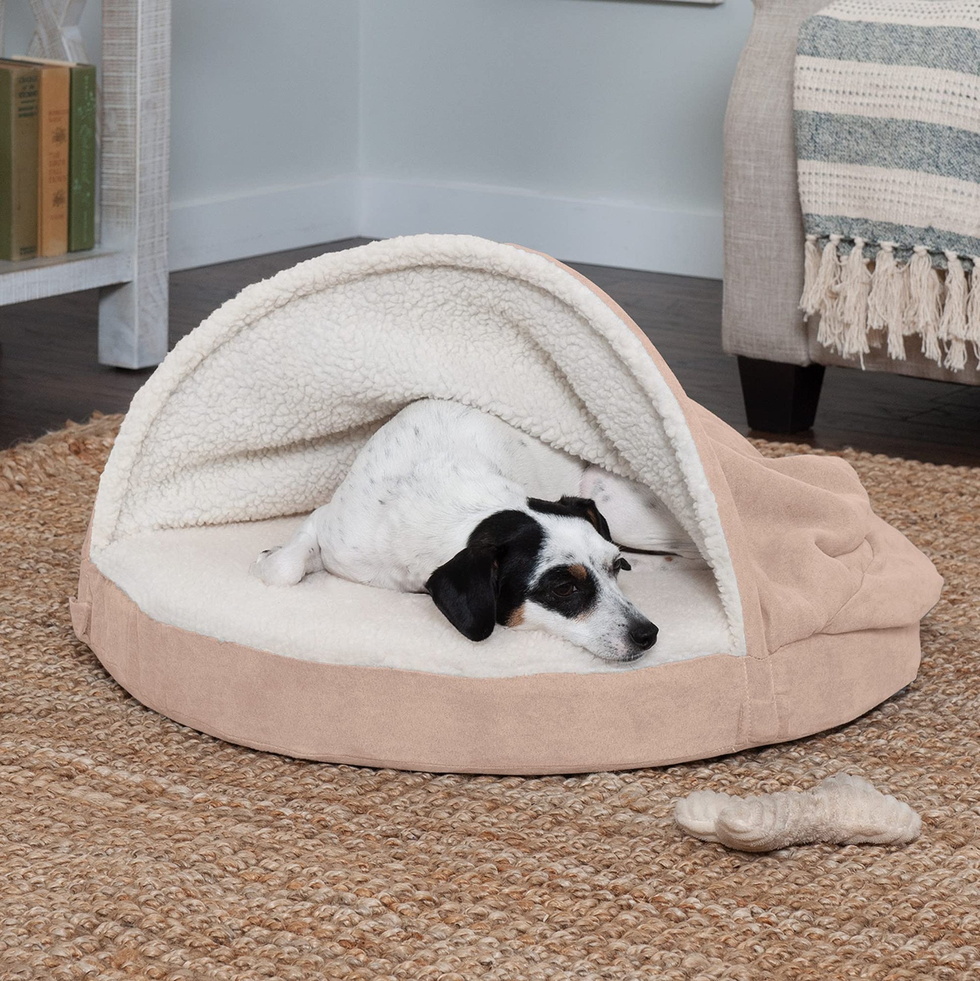 Furhaven Cama para Mascotas para Perros y Gatos, Manta de Sherpa y Gamuza, Cama ortopédica Redonda para Perros, Funda extraíble Lavable a máquina, Color Crema, 26 Pulgadas