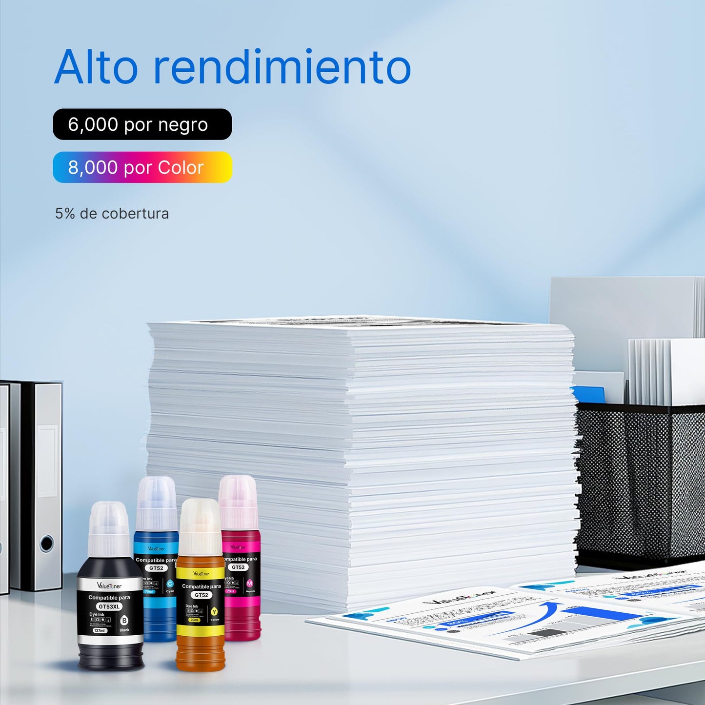 Botella de Tinta Compatible Valuetoner para HP GT52 GT53XL Multicolor para Impresoras Deskjet Series 5800 5810 5820 Ink Tank 100 300 410 (4 Unidades)