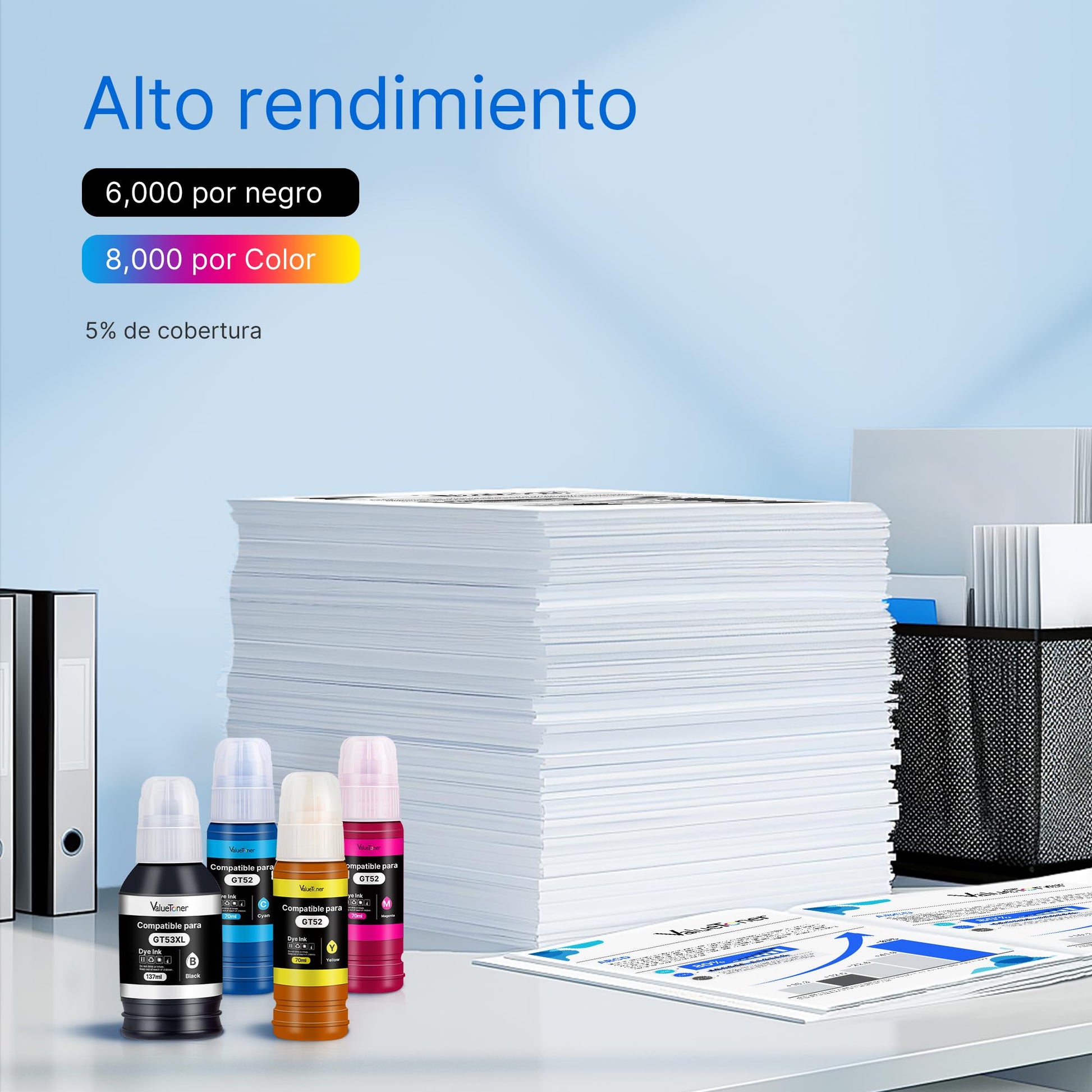 Botella de Tinta Compatible Valuetoner para HP GT52 GT53XL Multicolor para Impresoras Deskjet Series 5800 5810 5820 Ink Tank 100 300 410 (4 Unidades)