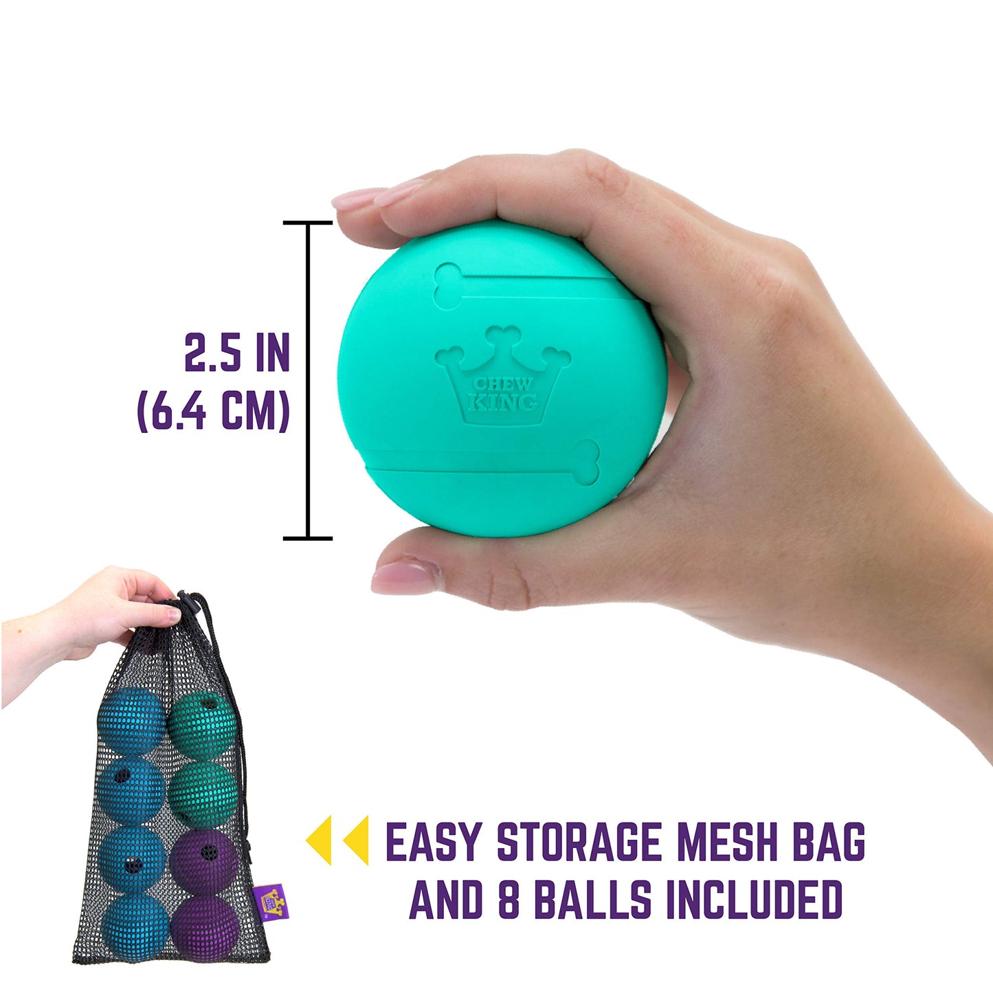 Chew King Fetch Balls - Juguete de Goma Natural Extremadamente Duradero de 2.5 Pulgadas, Paquete de 8 (CM-0264-CS01)
