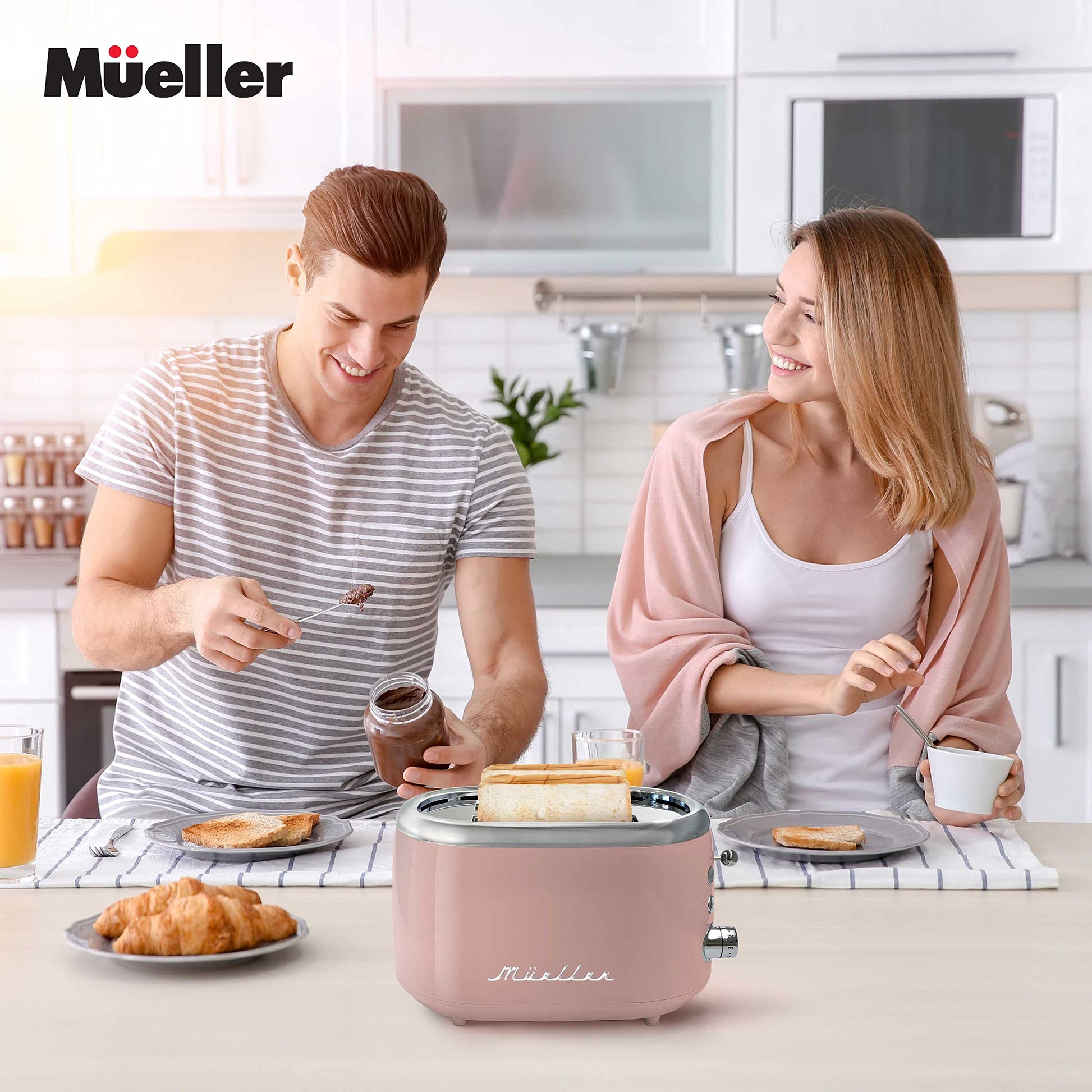 MÜELLERHOME tostador retro de 2 rebanadas, 7 niveles de dorado, 3 funciones (recalentar, descongelar, cancelar), bandeja extraíble para migas, almacenamiento de cable debajo de la base, decoración de